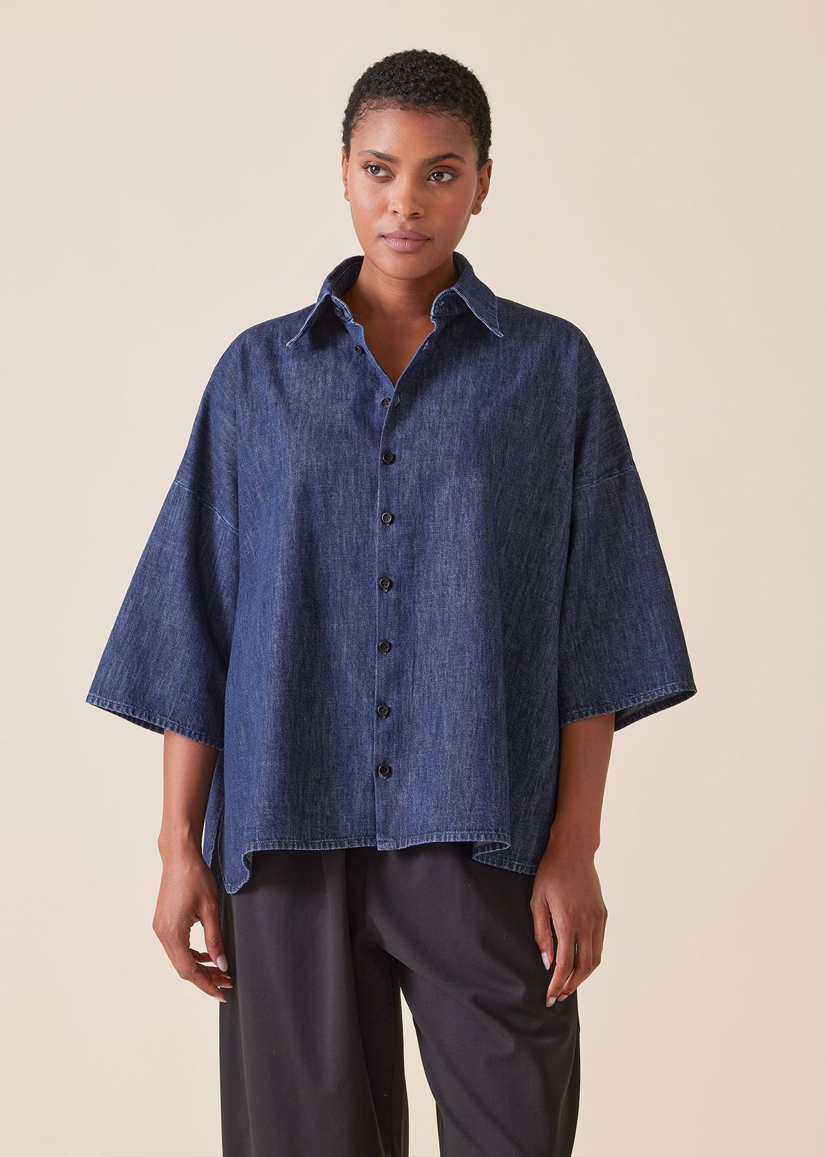 cotton denim sloped shoulder wide a-line short sleeve shirt with collar - mid