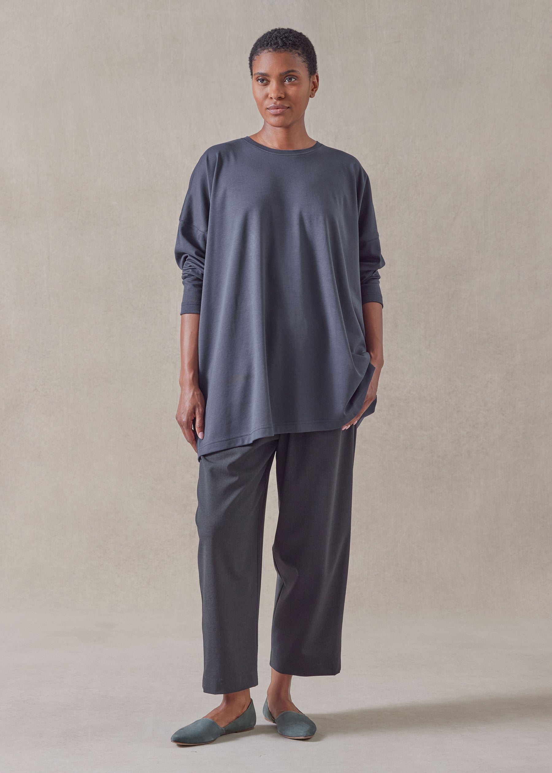 cotton jersey long sleeve boat neck t-shirt - long