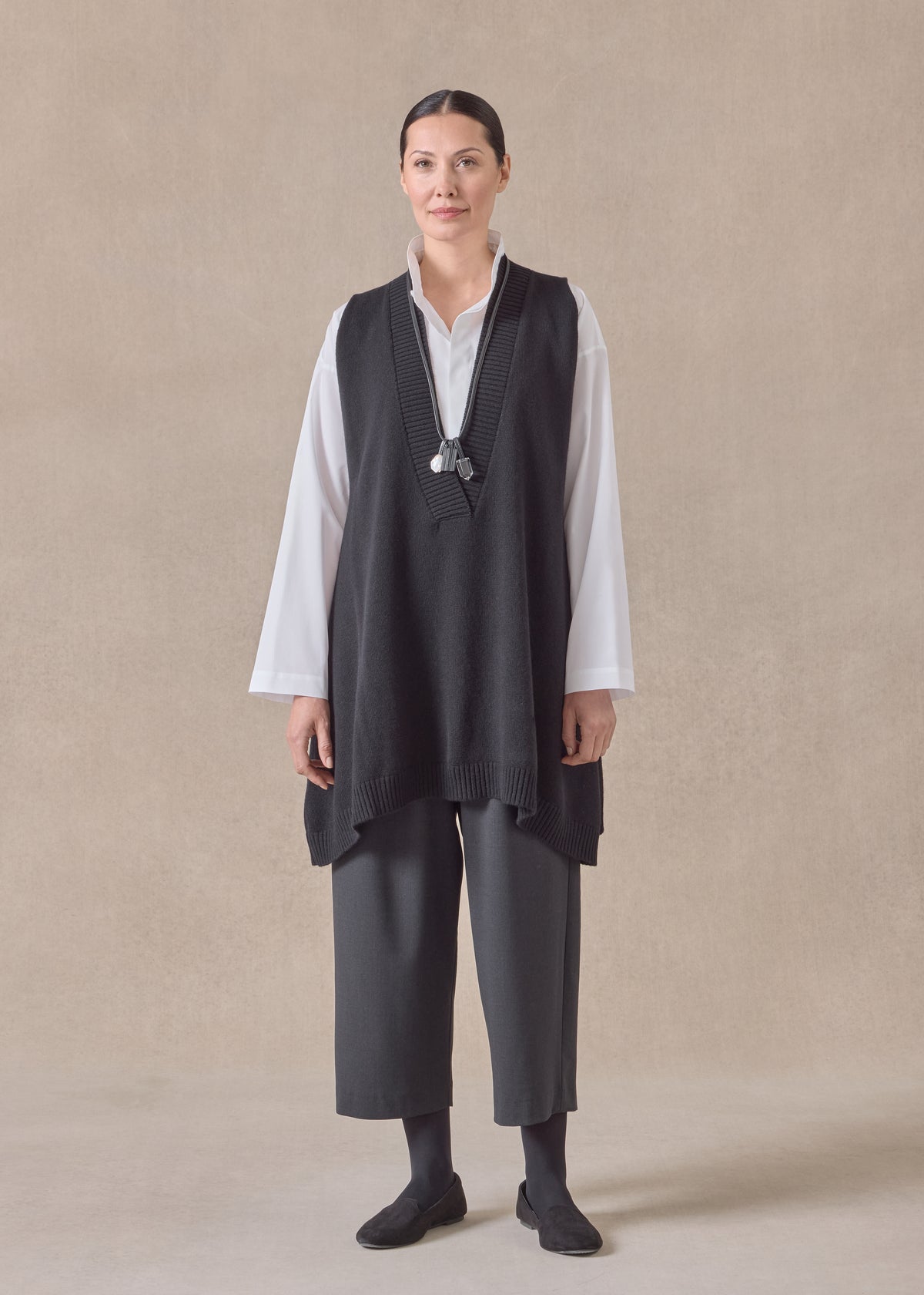 cashmere a-line sleeveless deep v-neck sweater - long plus