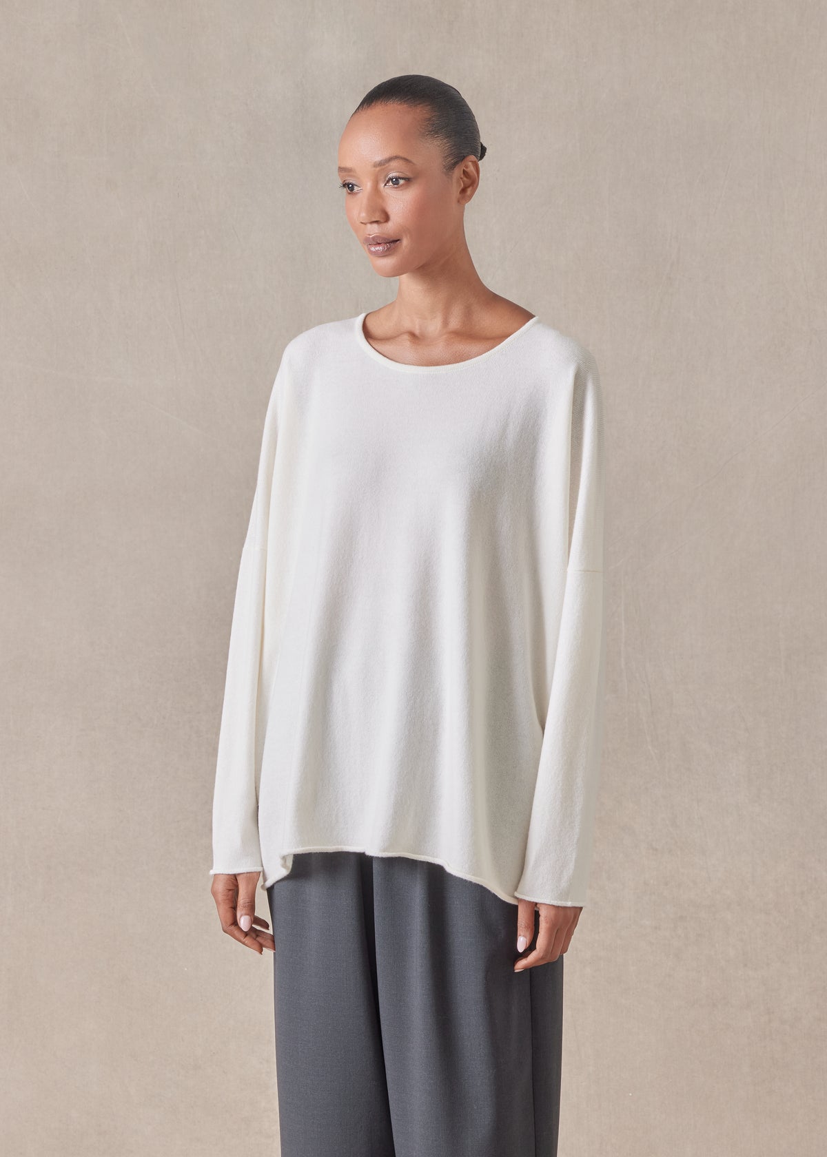 cashmere slim sleeve raw edge bateau neck sweater - mid plus