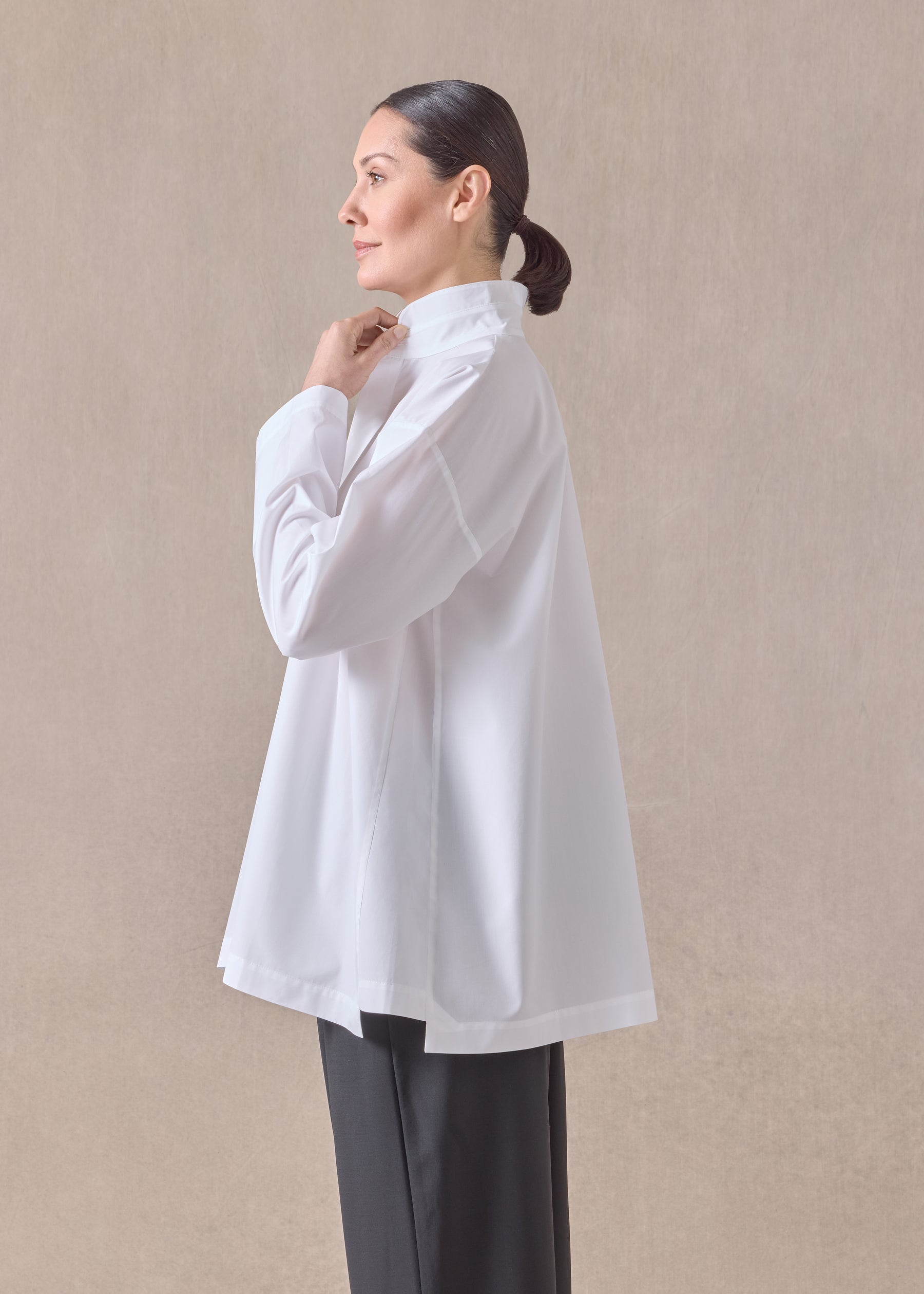 cotton slim a-line double stand collar shirt with stepped insert - long