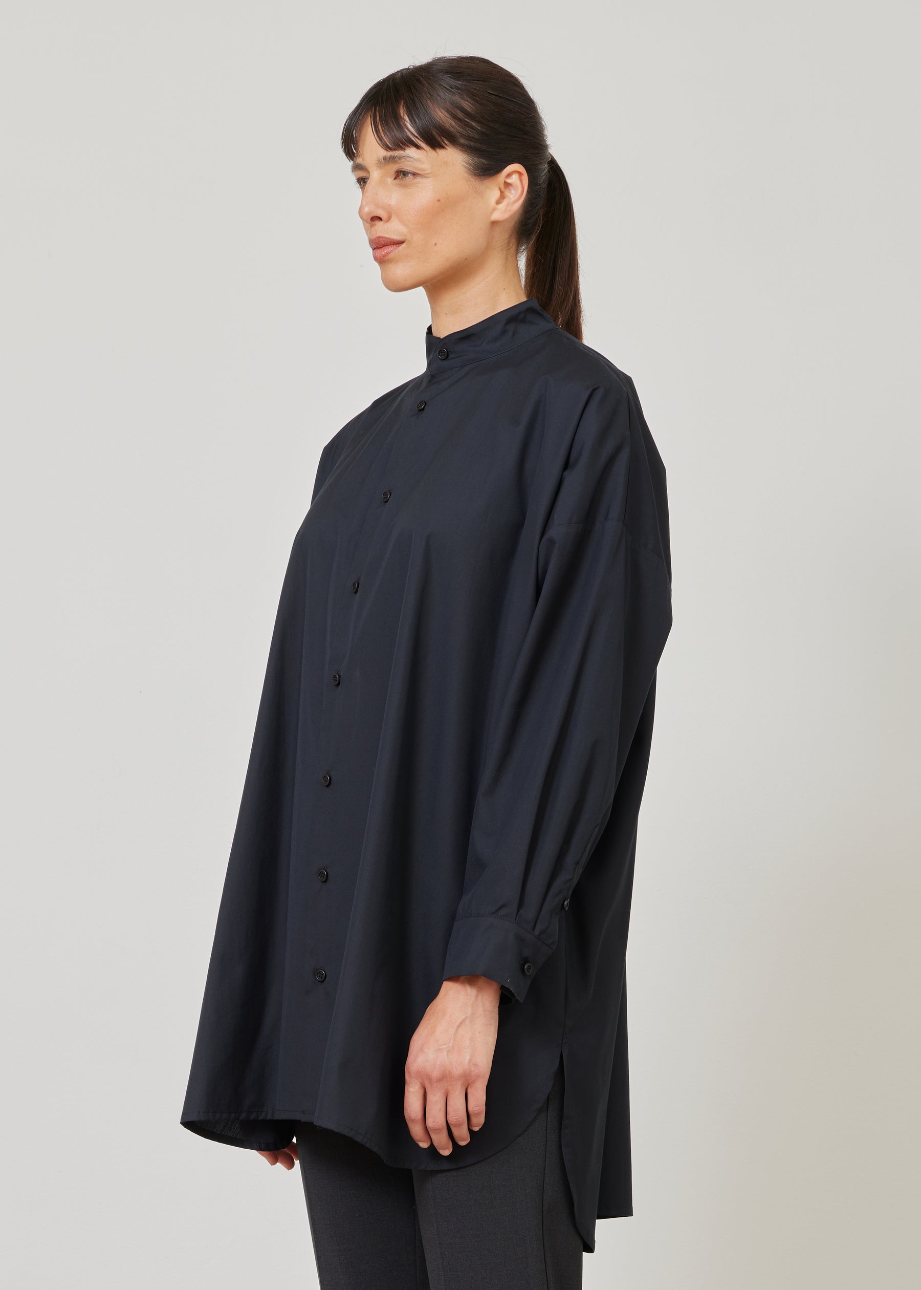 wide a-line collarless classic shirt - long plus