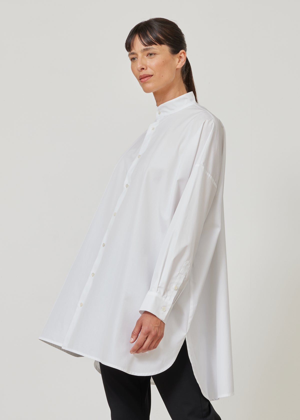 wide a-line collarless classic shirt - long plus