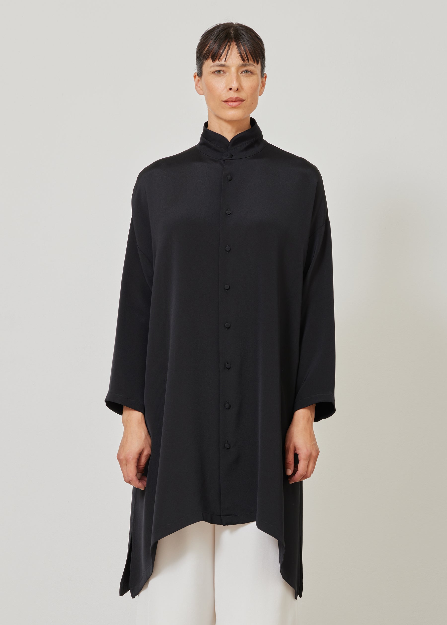 wide A-line double stand collar shirt - very long with slits