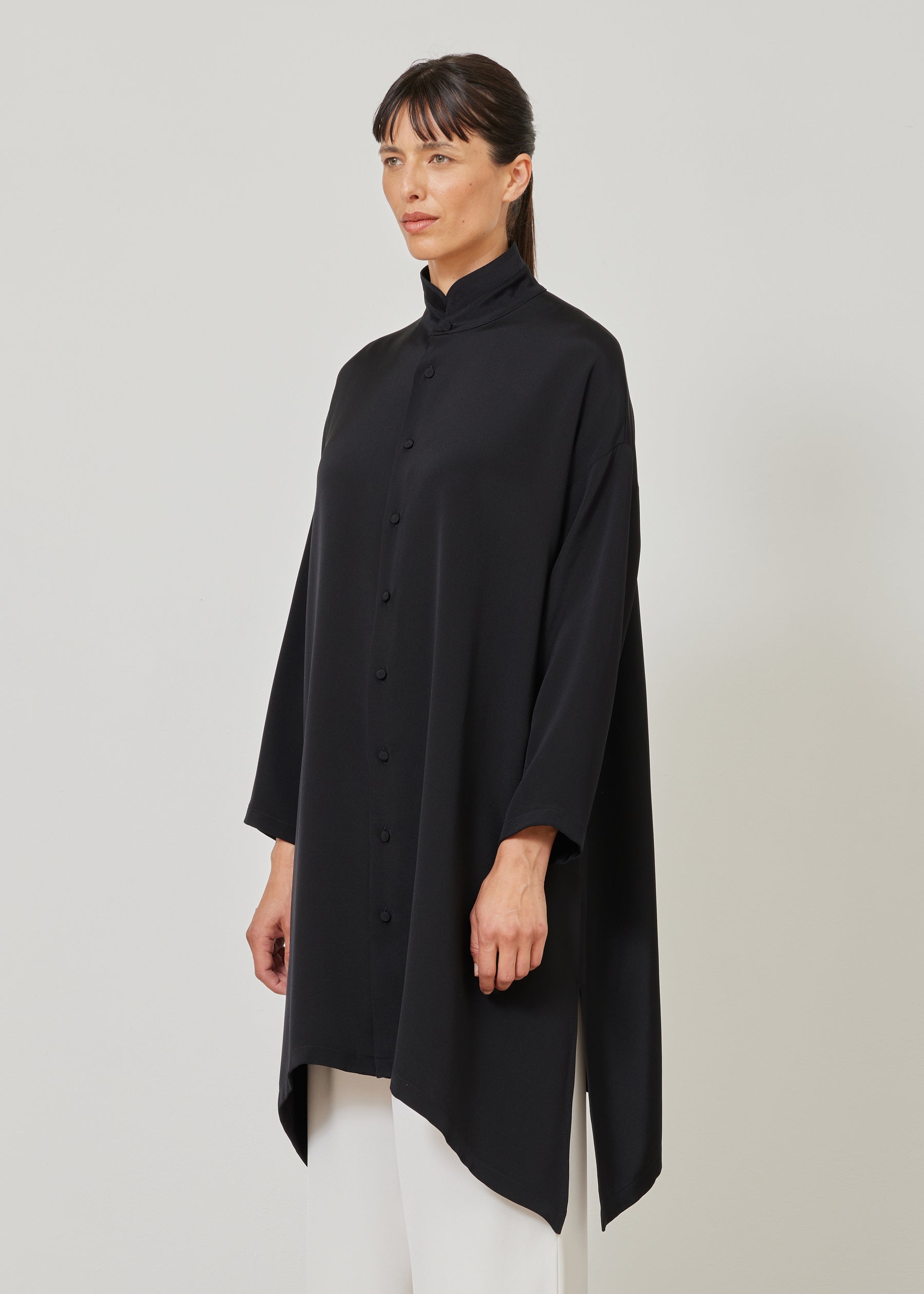 wide A-line double stand collar shirt - very long with slits