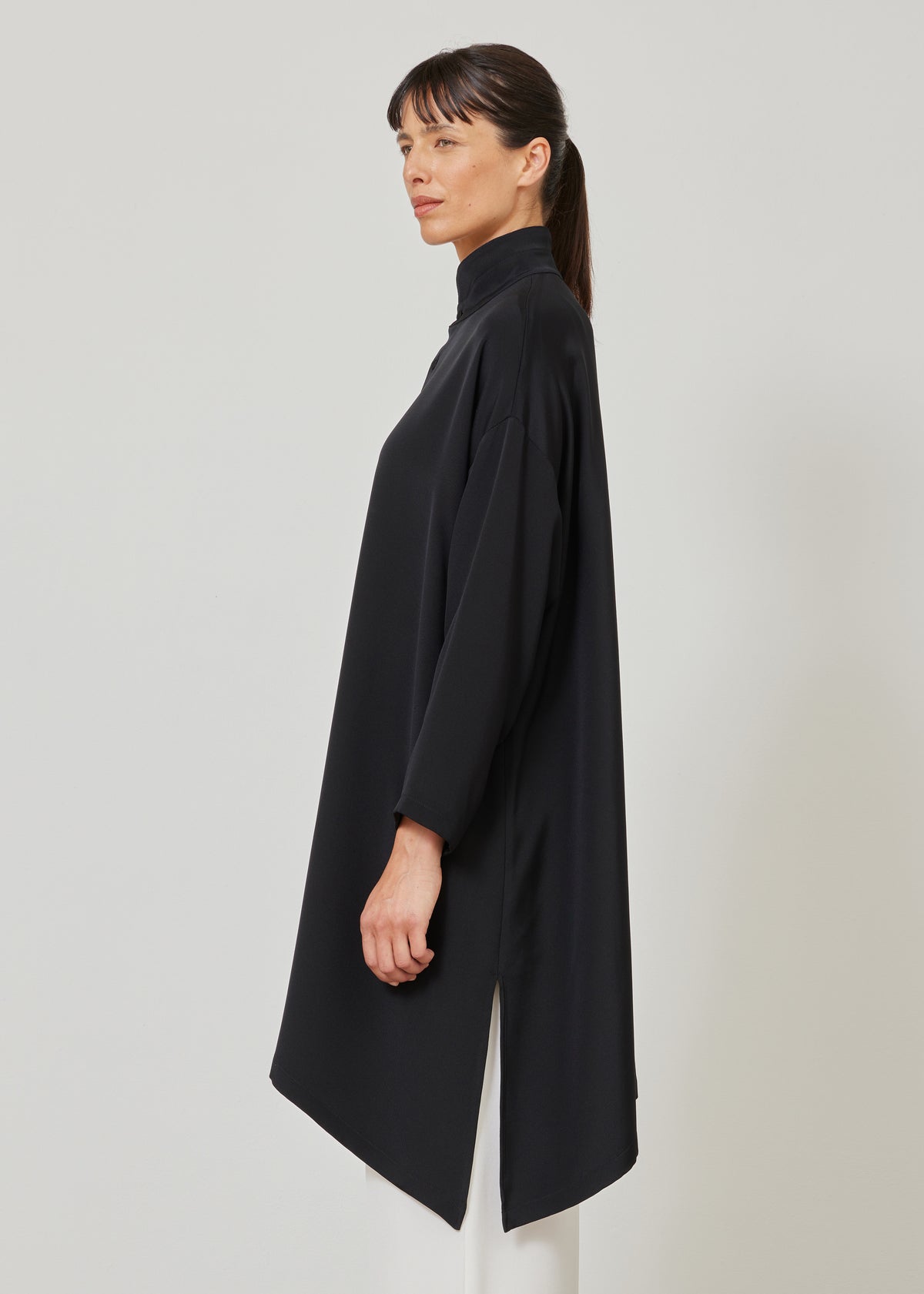 wide A-line double stand collar shirt - very long with slits