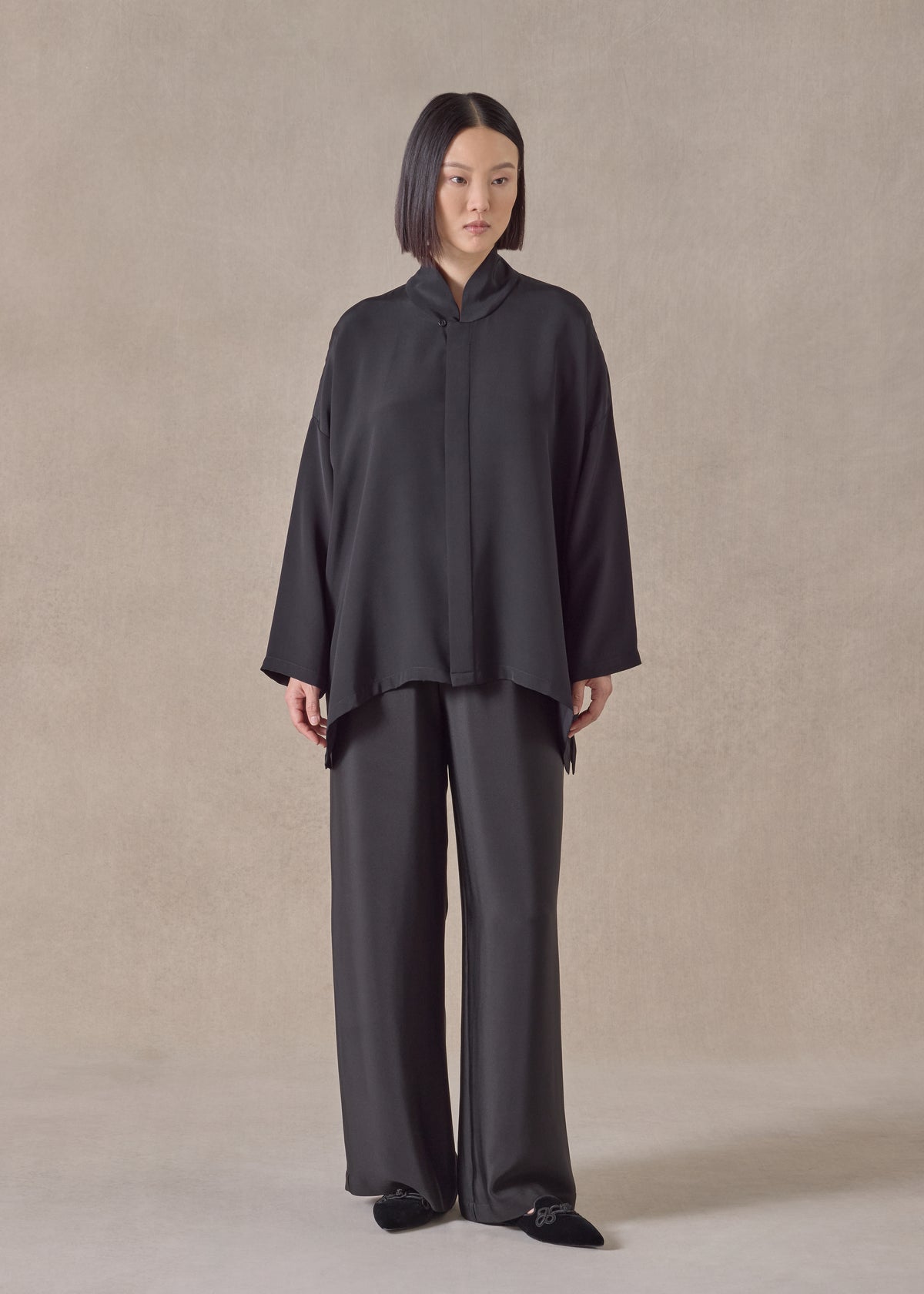 silk wide a-line shirt with chinese collar - mid plus