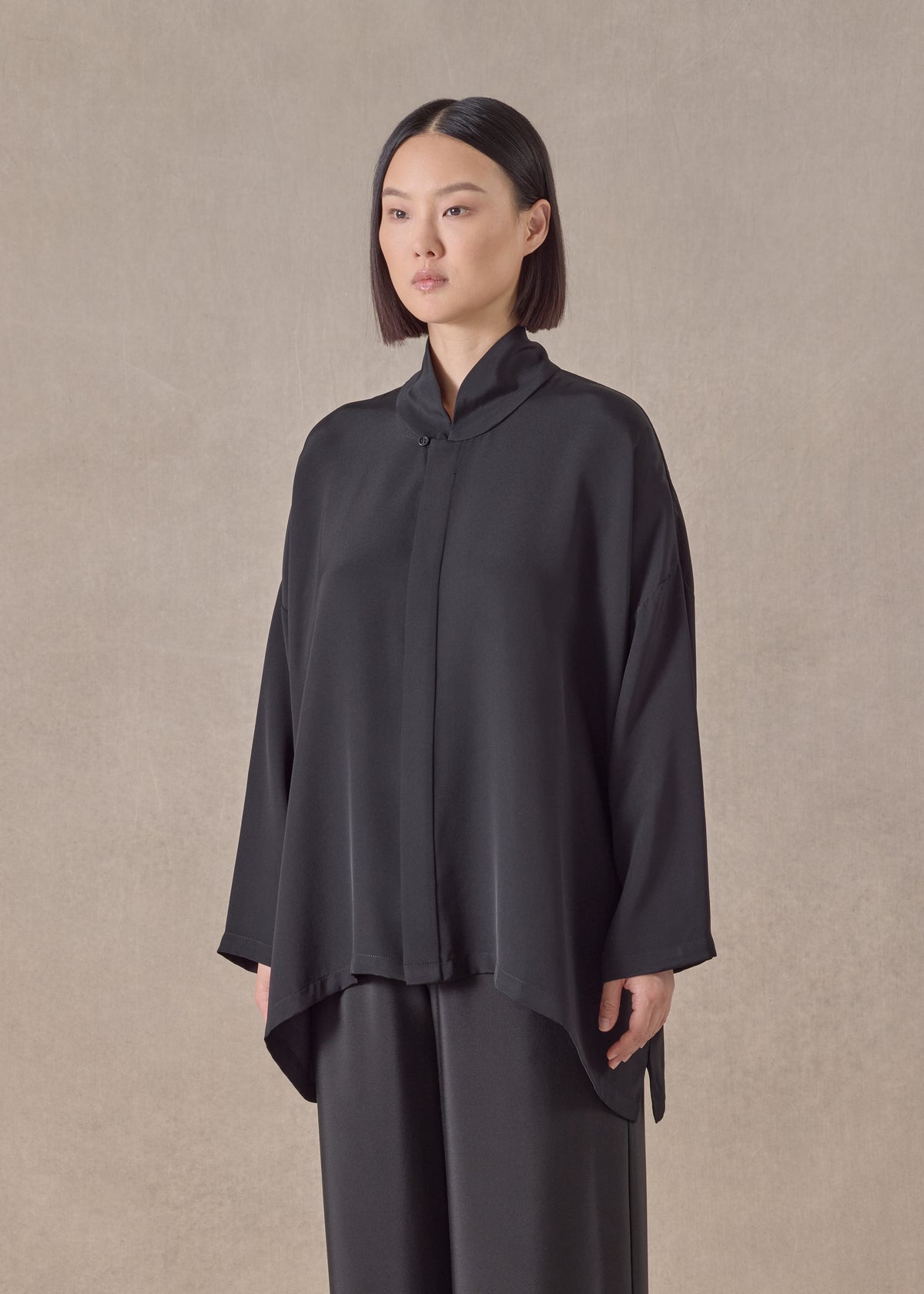 silk wide a-line shirt with chinese collar - mid plus