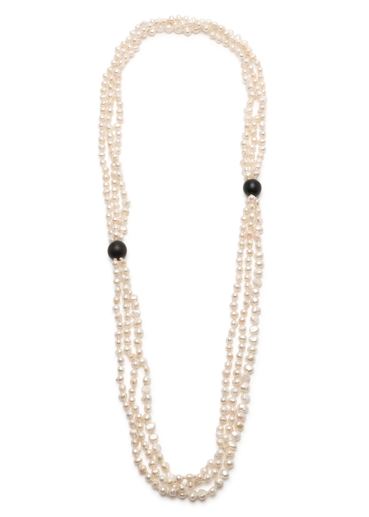 triple strand pearl necklace with wooden bead detail