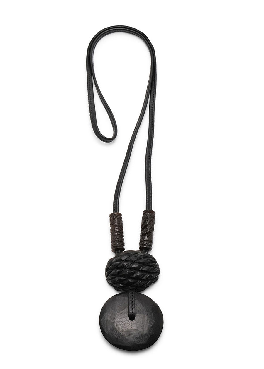 kamagong wood disc & pineapple with jade tubes leather pendant