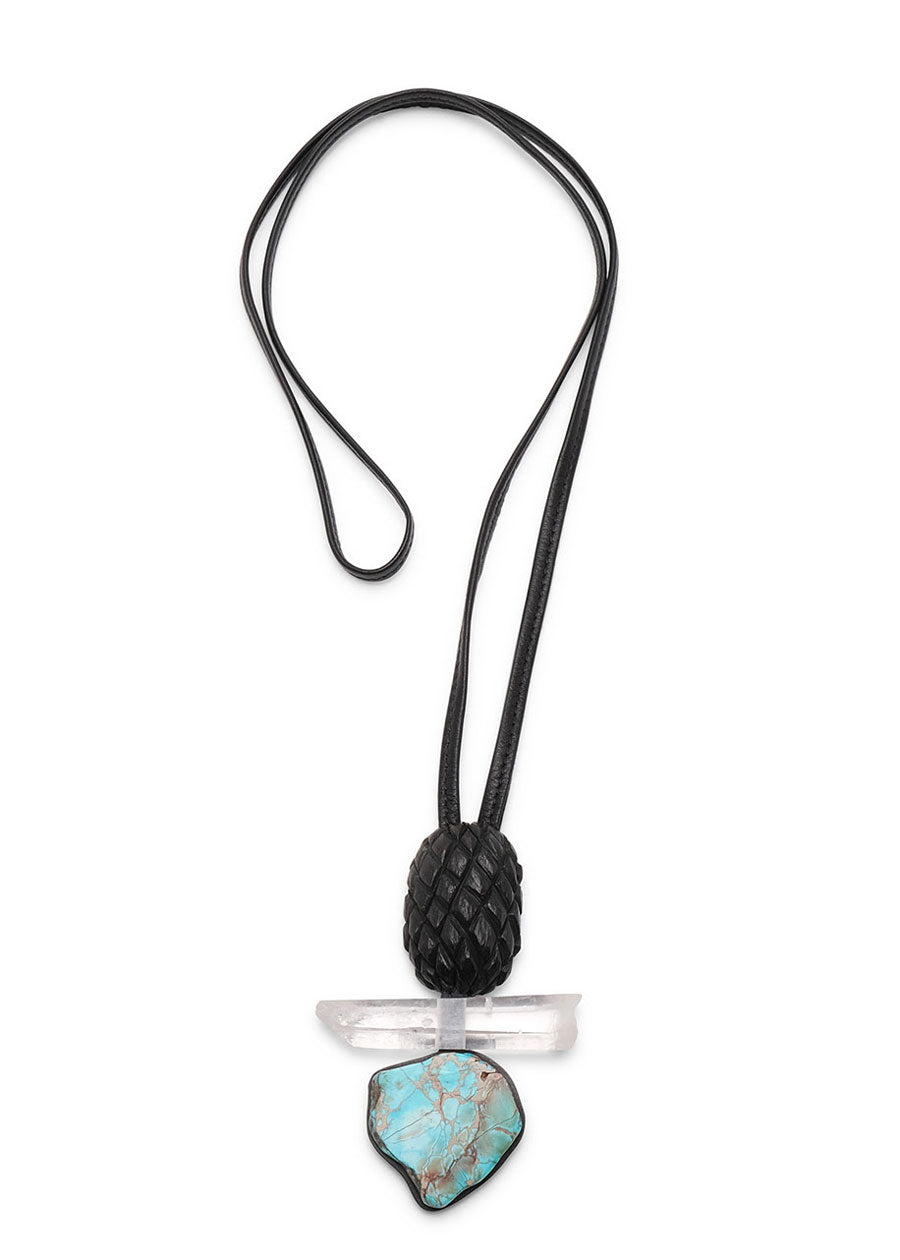 three part stone, crystal & carved kamagong wood pineapple pendant