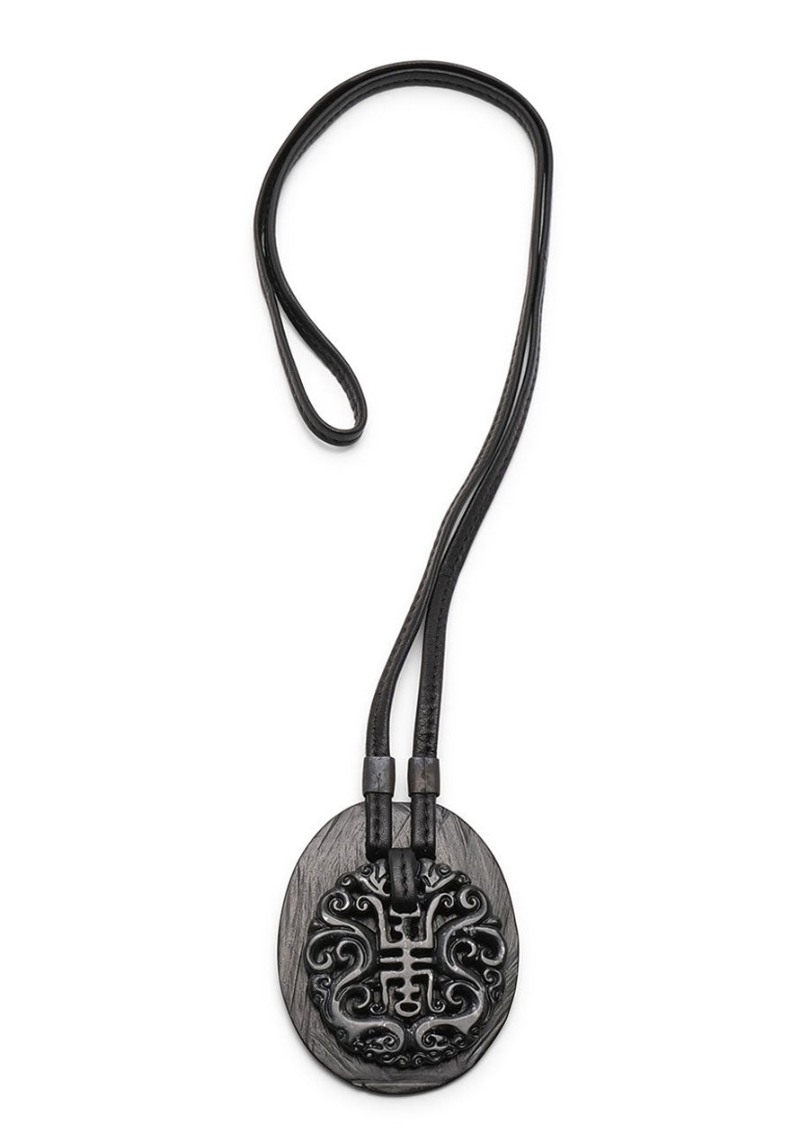 double oval kamagong wood & carved blk jade leather pendant