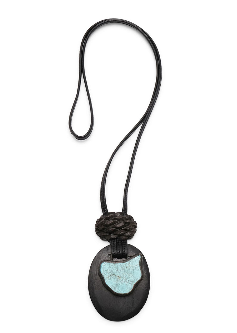 double oval kamagong wood & stone leather pendant with carved pineapple