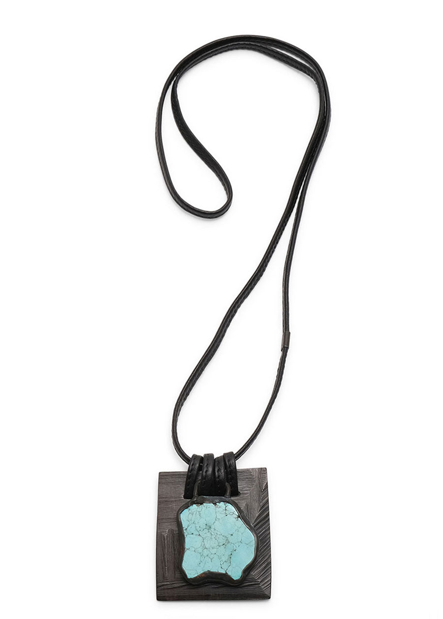 double square kamagong wood & stone pendant with leather loop det
