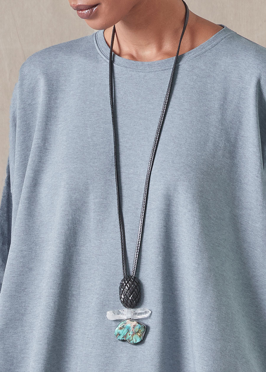 three part stone, crystal & carved kamagong wood pineapple pendant