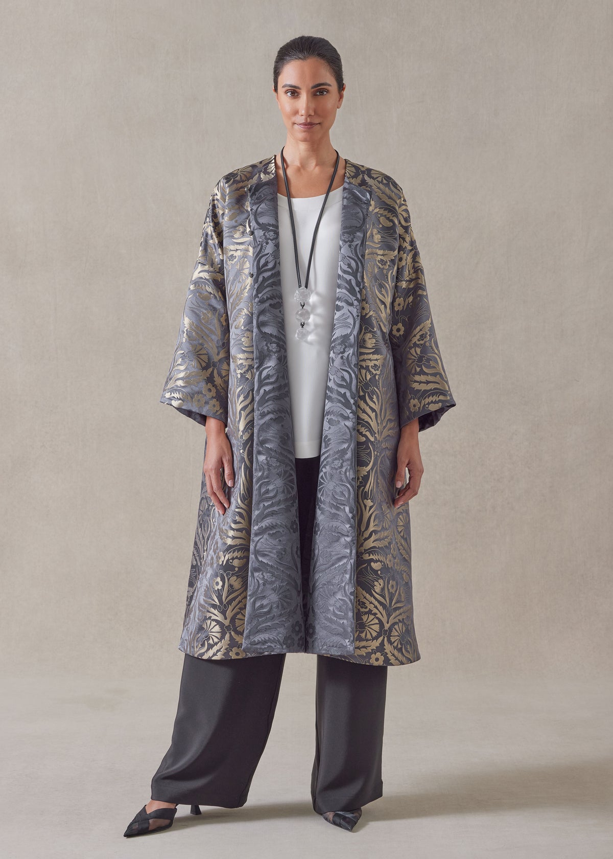 round neck chinese jacket - 3/4 length (reversible) (pewter)