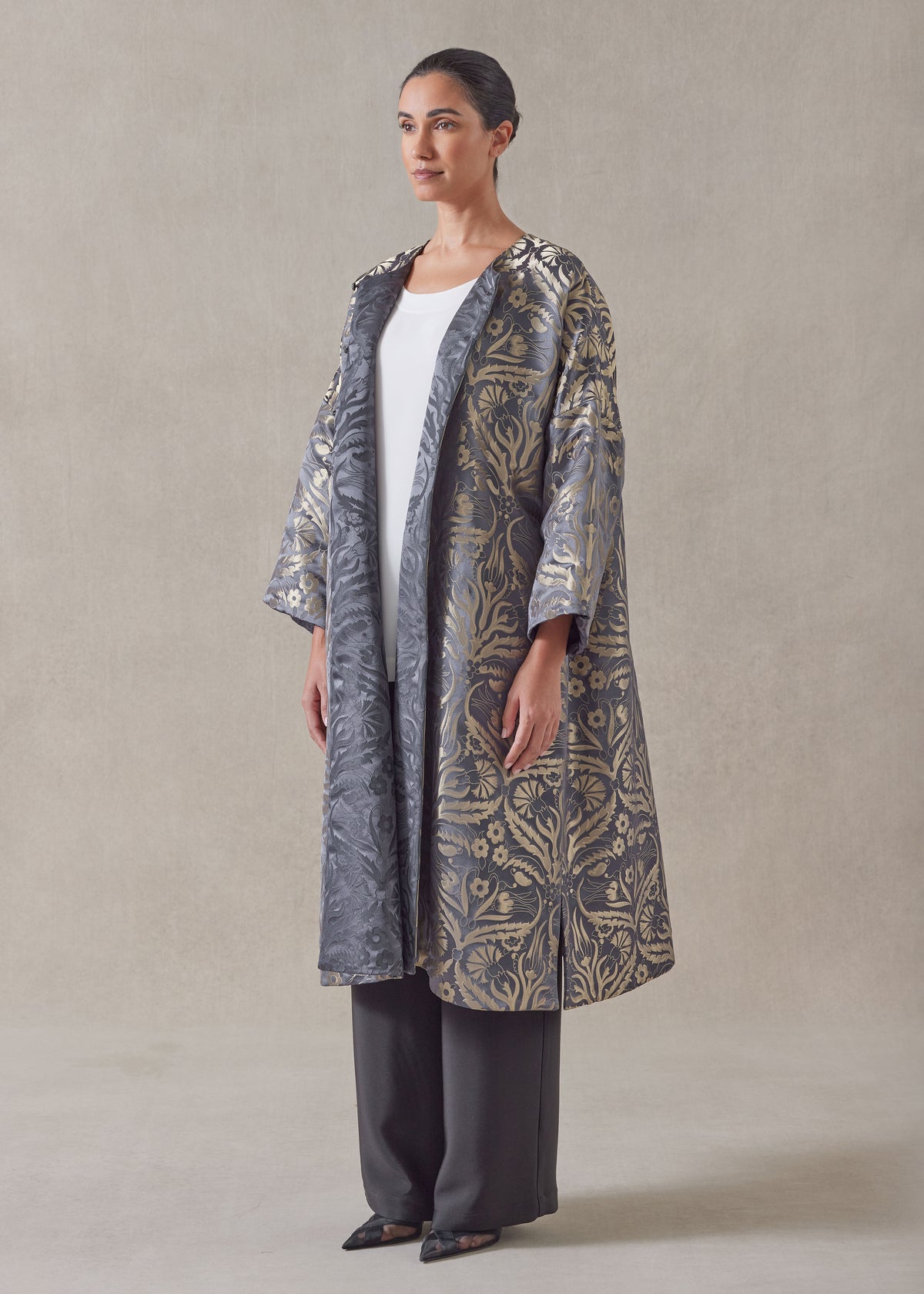 round neck chinese jacket - 3/4 length (reversible) (pewter)