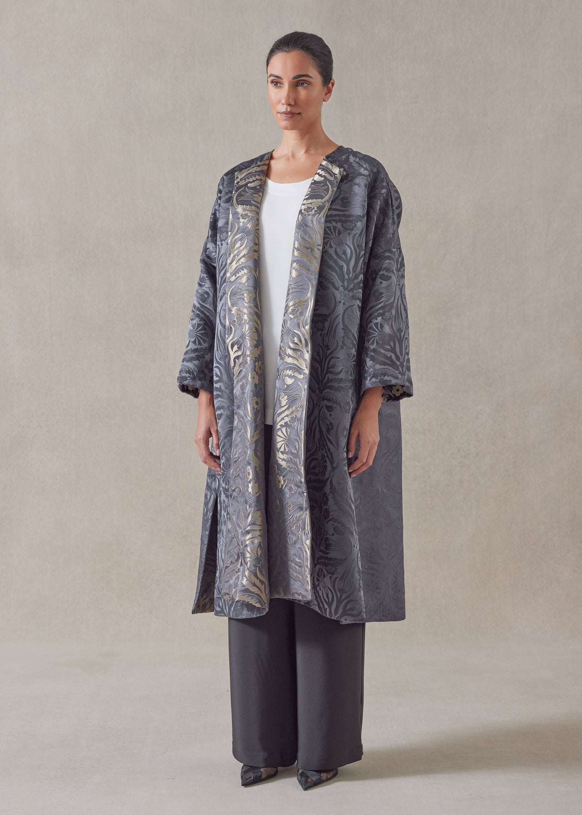 round neck chinese jacket - 3/4 length (reversible) (pewter)