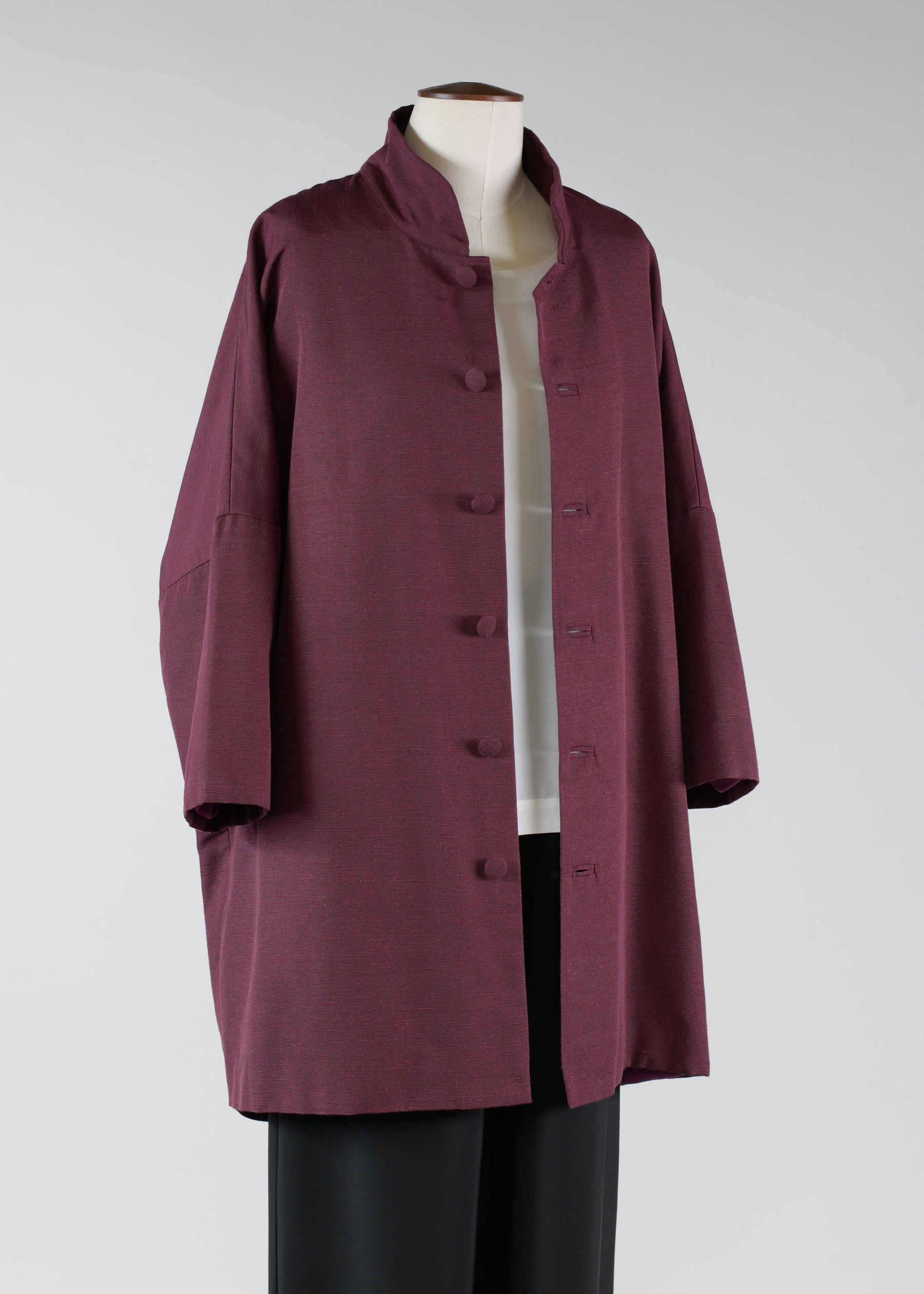 silk sloped shoulder chinese collar jacket with back button detail - long plus (3/4 sleeve)