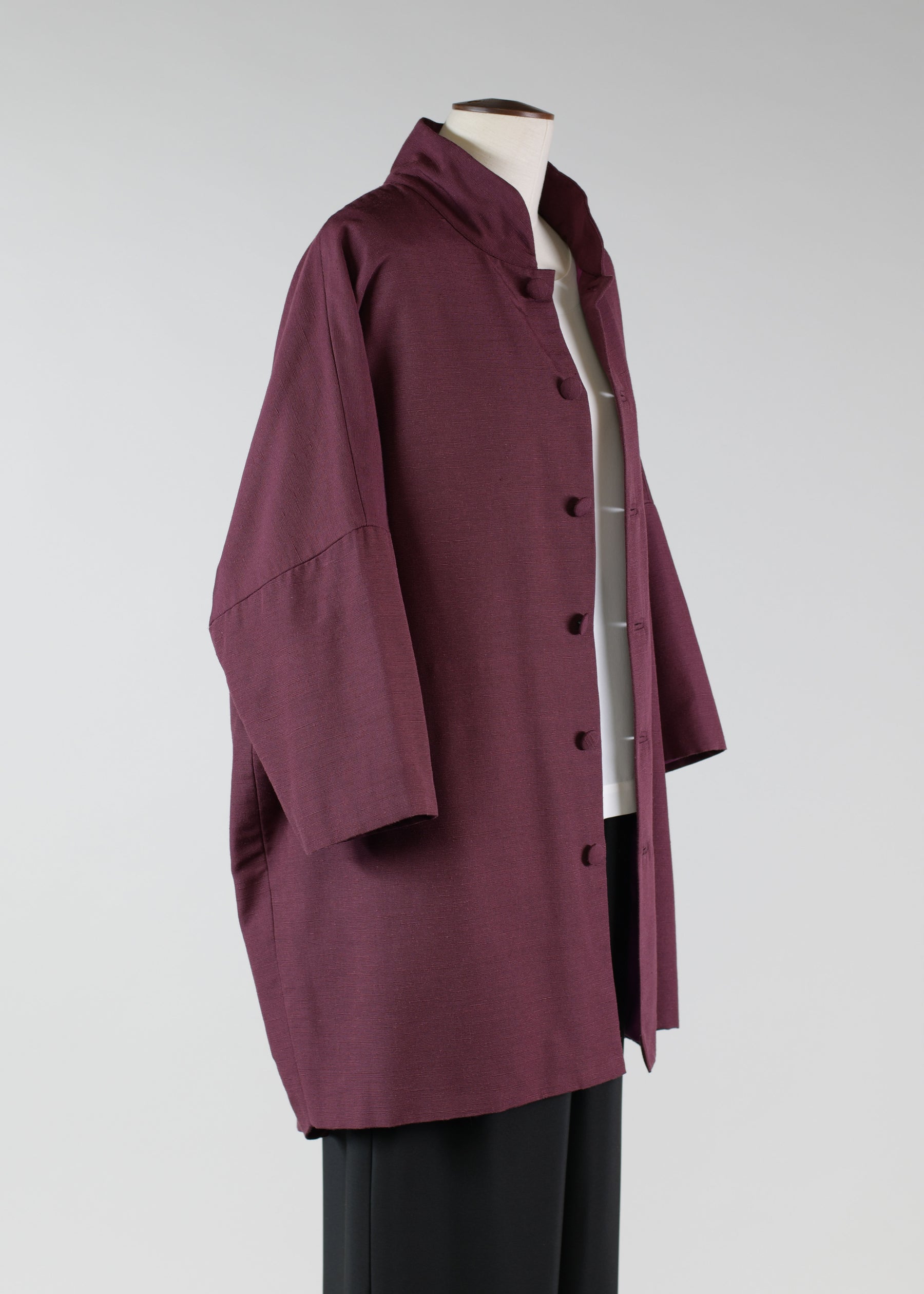 silk sloped shoulder chinese collar jacket with back button detail - long plus (3/4 sleeve)