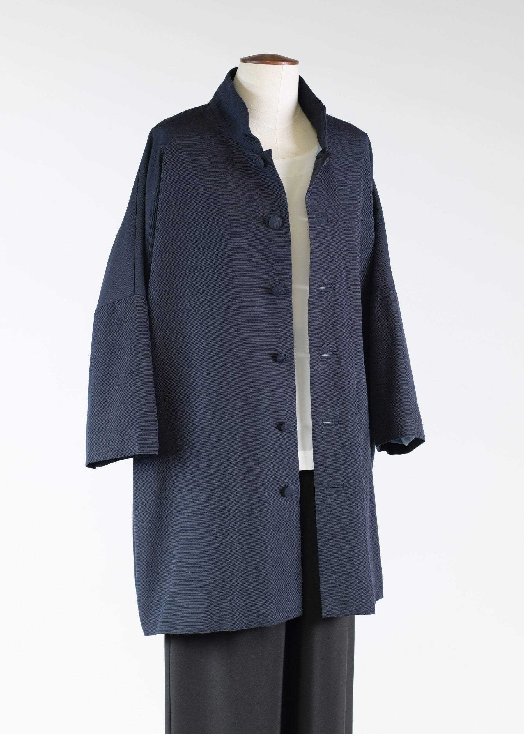 silk sloped shoulder chinese collar jacket with back button detail - long plus (3/4 sleeve)