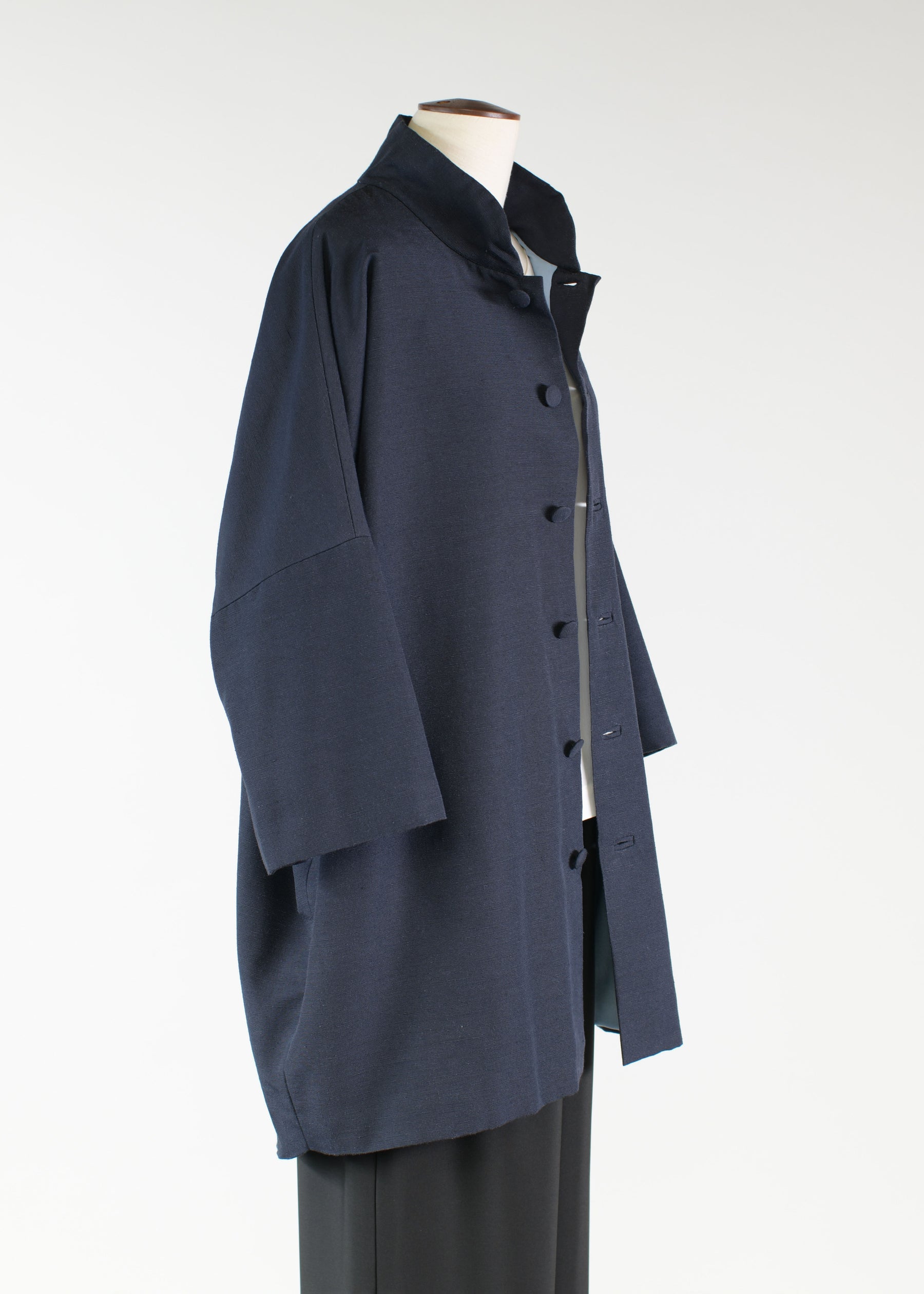 silk sloped shoulder chinese collar jacket with back button detail - long plus (3/4 sleeve)