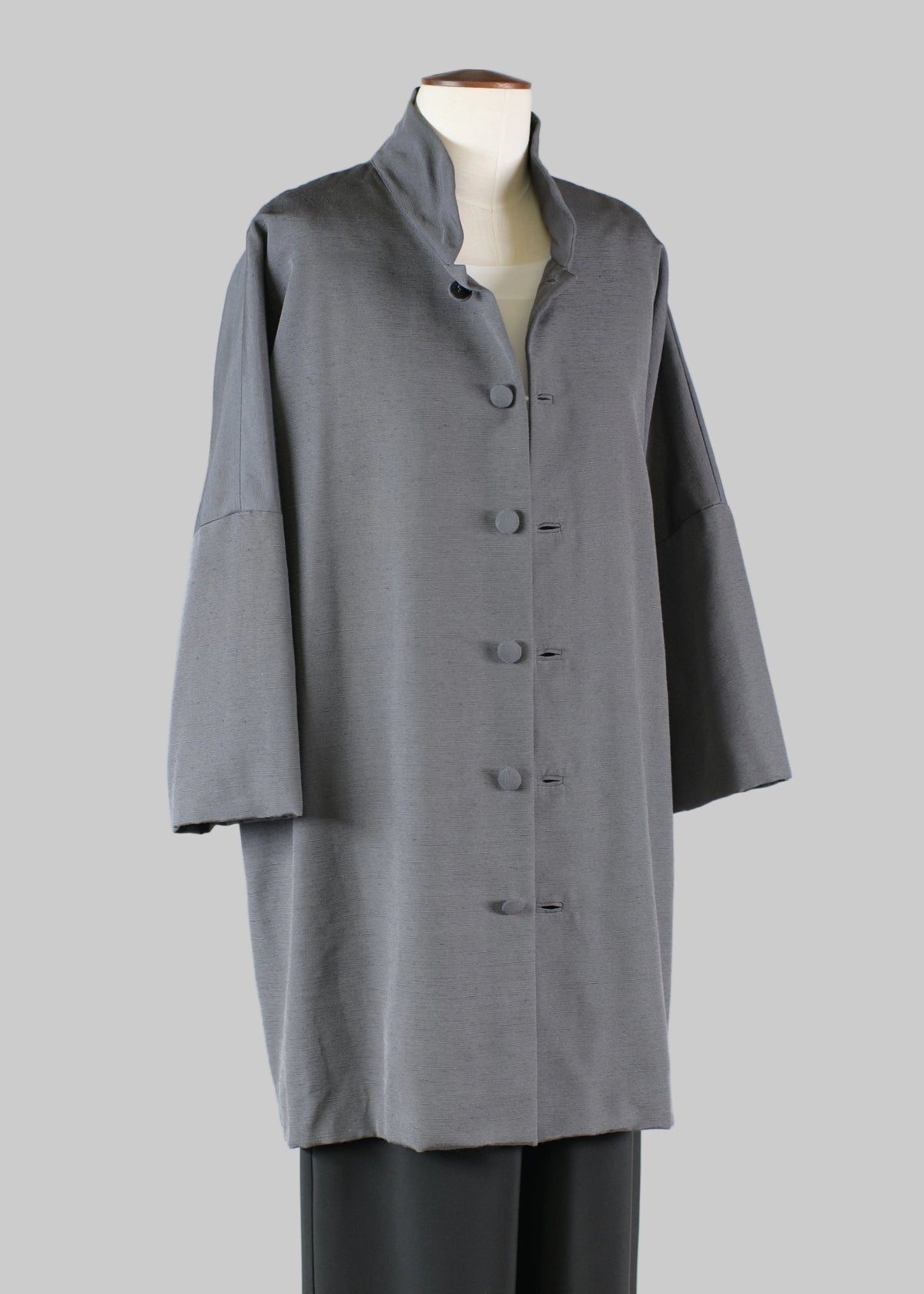 silk sloped shoulder chinese collar jacket with back button detail - long plus (3/4 sleeve)