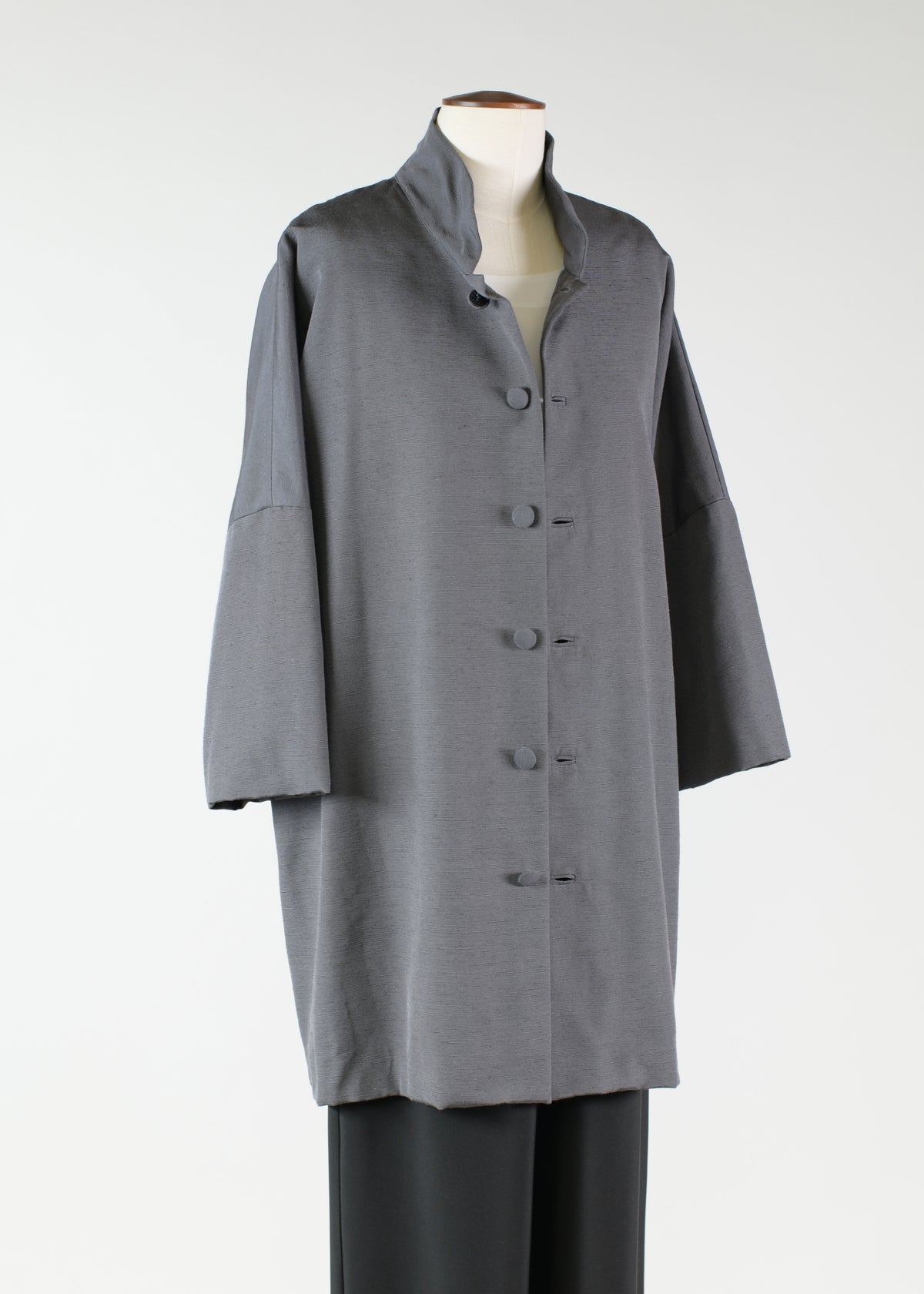 silk sloped shoulder chinese collar jacket with back button detail - long plus (3/4 sleeve)