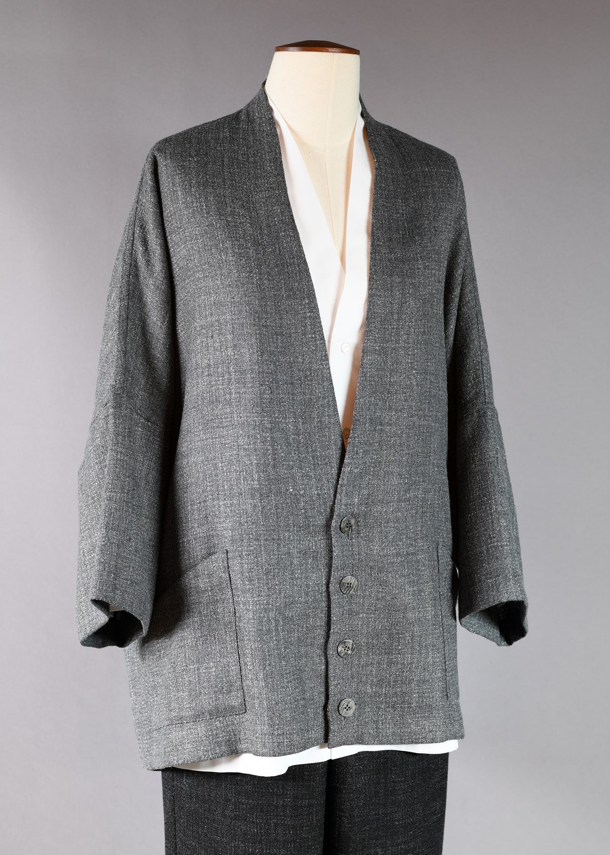 alpaca wool mix 3/4 sleeve sloped shoulder deep v-neck jacket - long