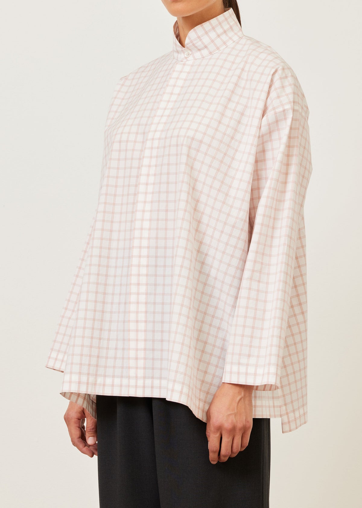 cotton slim a-line shirt with double stand collar and stepped insert - long (rosepowder)