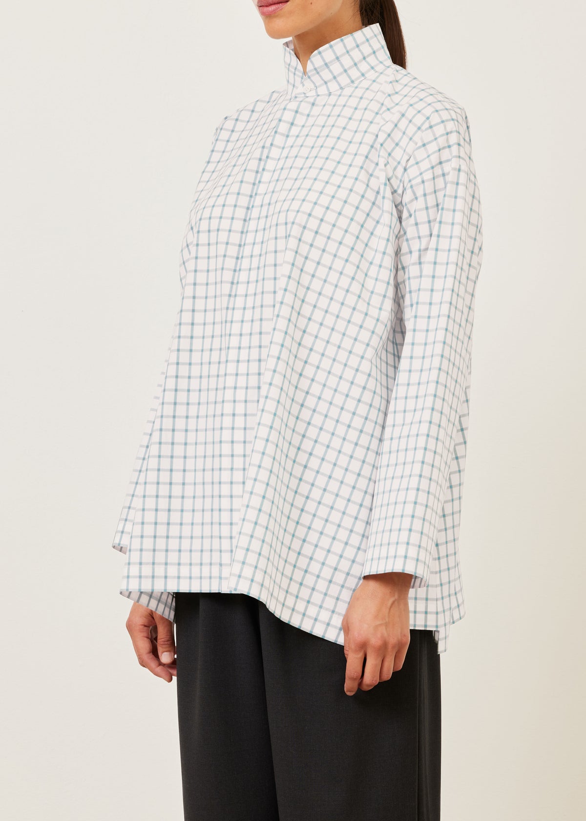 cotton slim a-line shirt with double stand collar and stepped insert - long