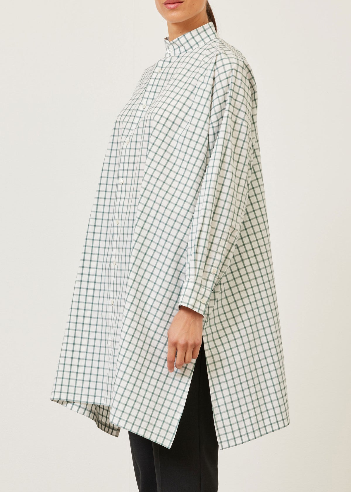 cotton wide a-line collarless shirt - very long with slits