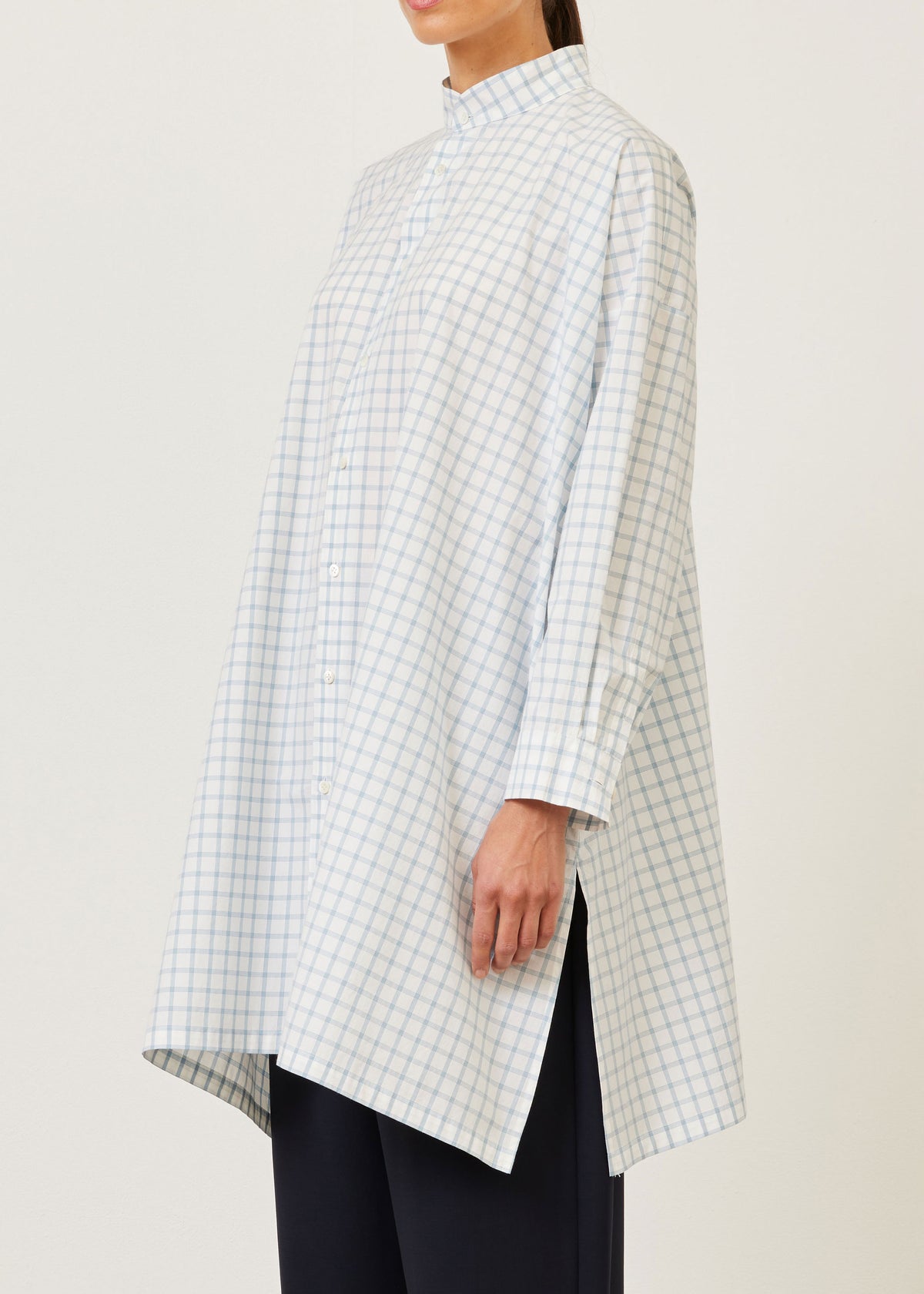 cotton wide a-line collarless shirt - very long with slits