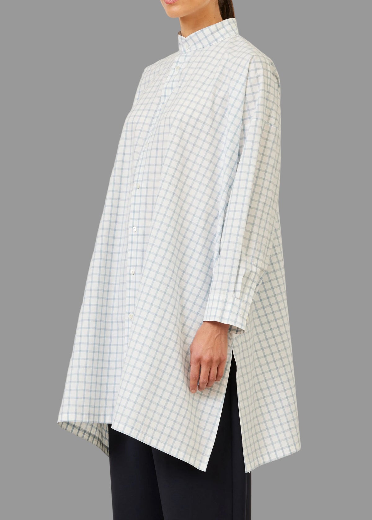cotton wide a-line collarless shirt - very long with slits (woadblue)