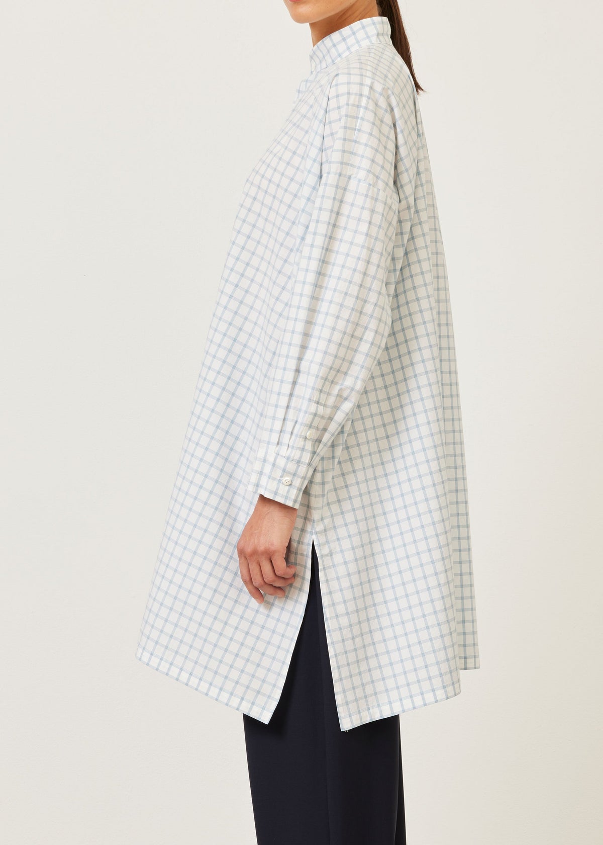 cotton wide a-line collarless shirt - very long with slits (woadblue)