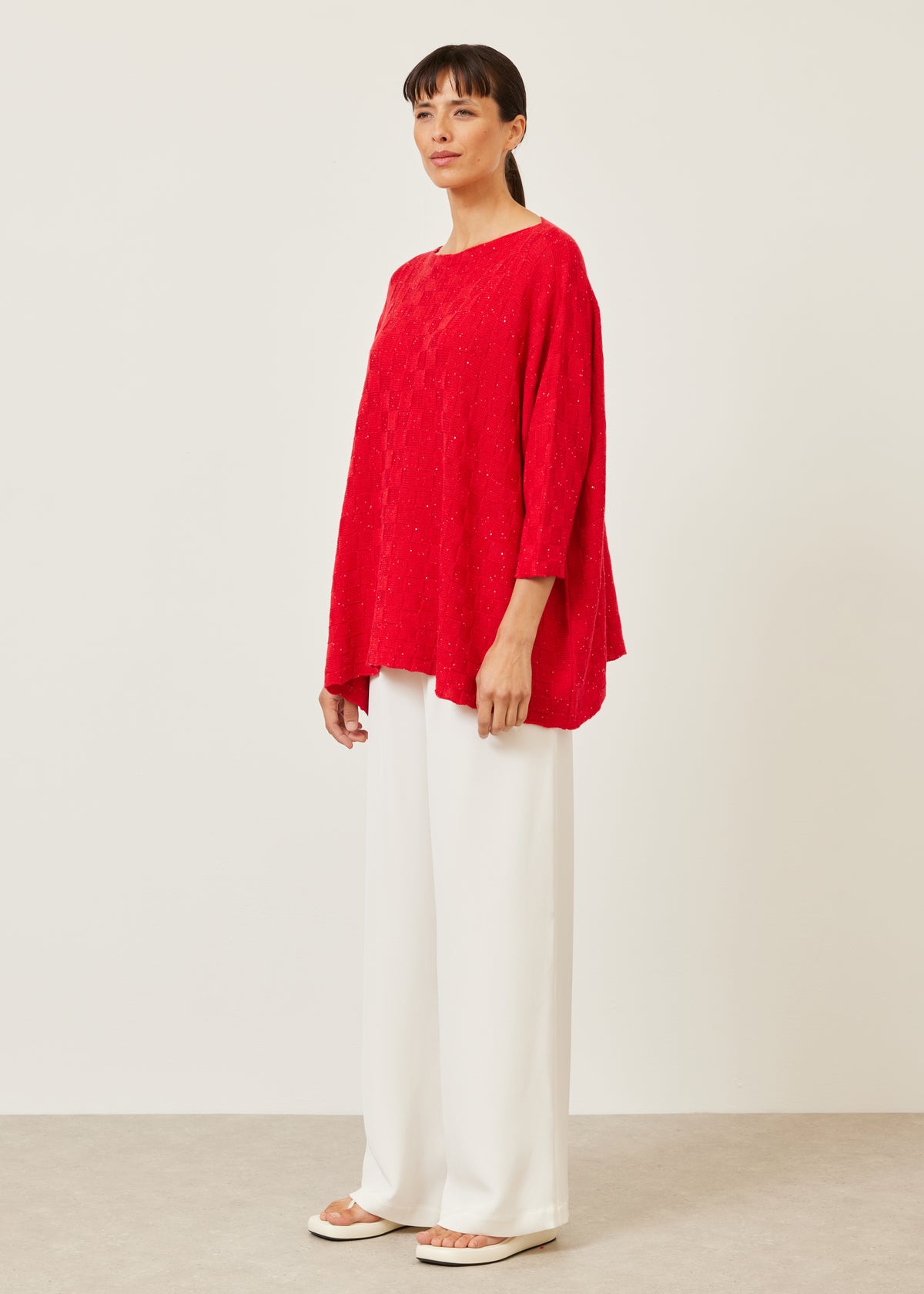 sideways knitted square slim sleeve sweater - long