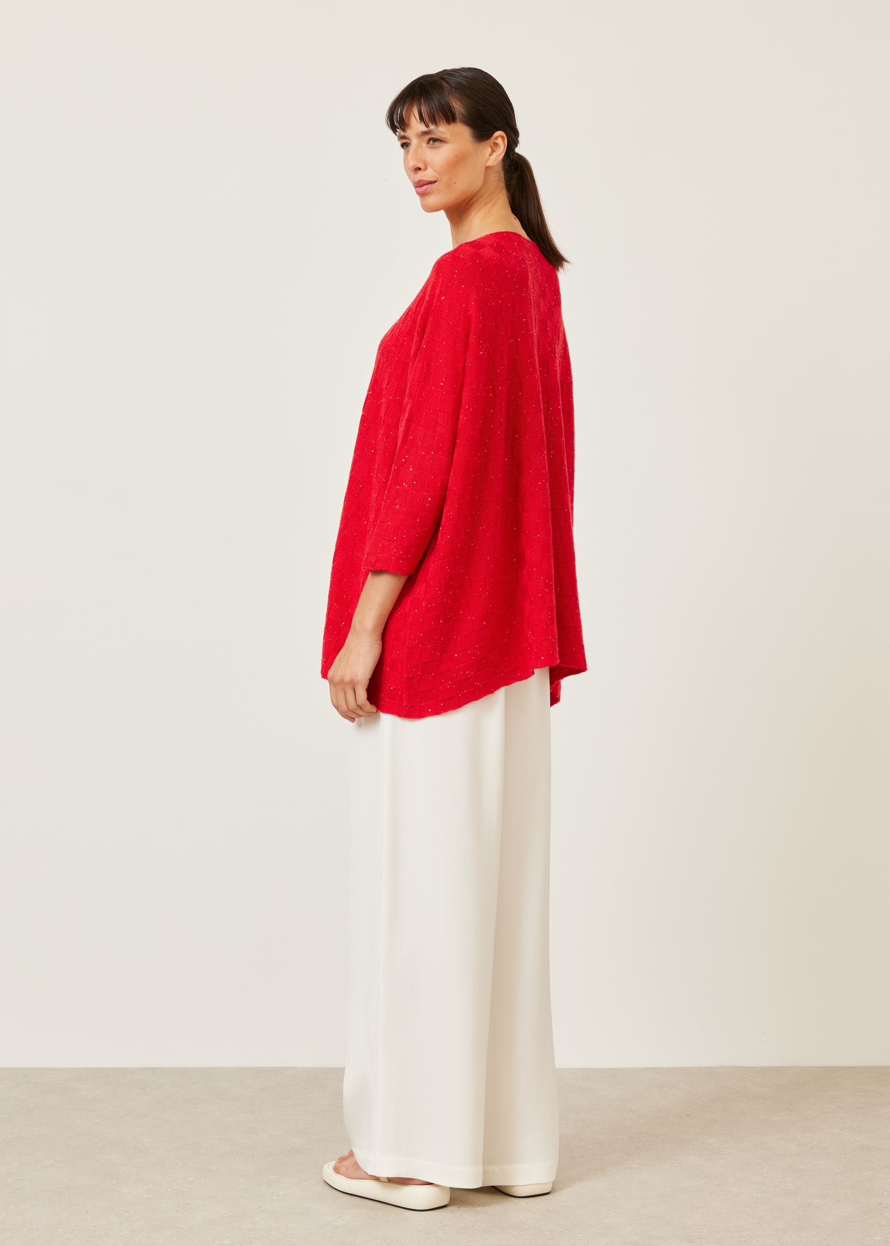 sideways knitted square slim sleeve sweater - long