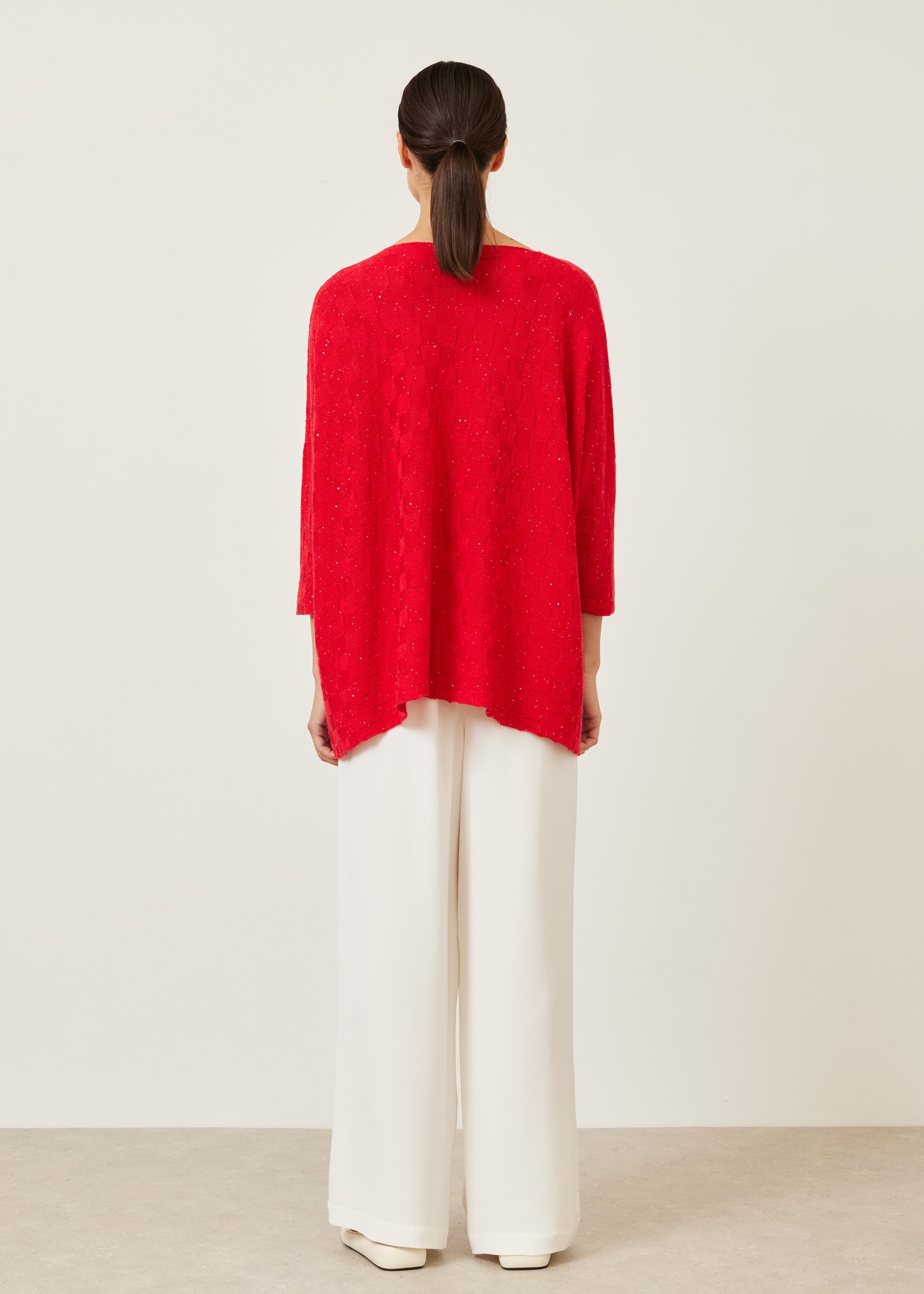 sideways knitted square slim sleeve sweater - long