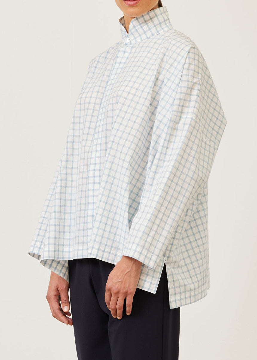 cotton wide longer back double stand collar shirt - mid plus (woadblue)