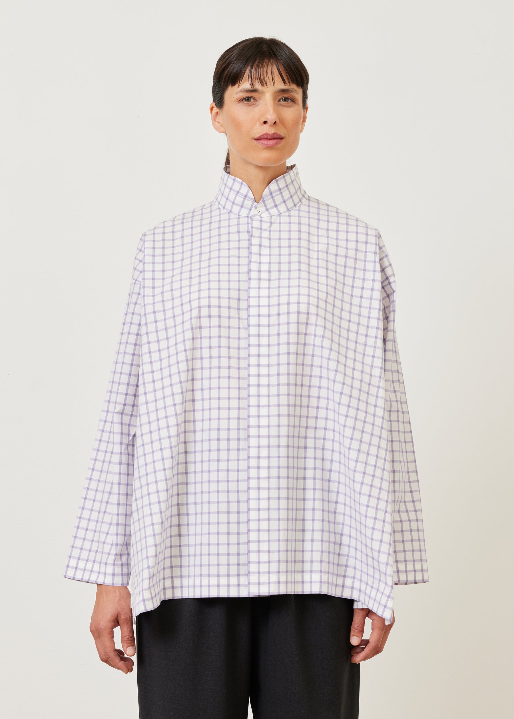 slim A-line shirt with double stand collar and stepped insert - long