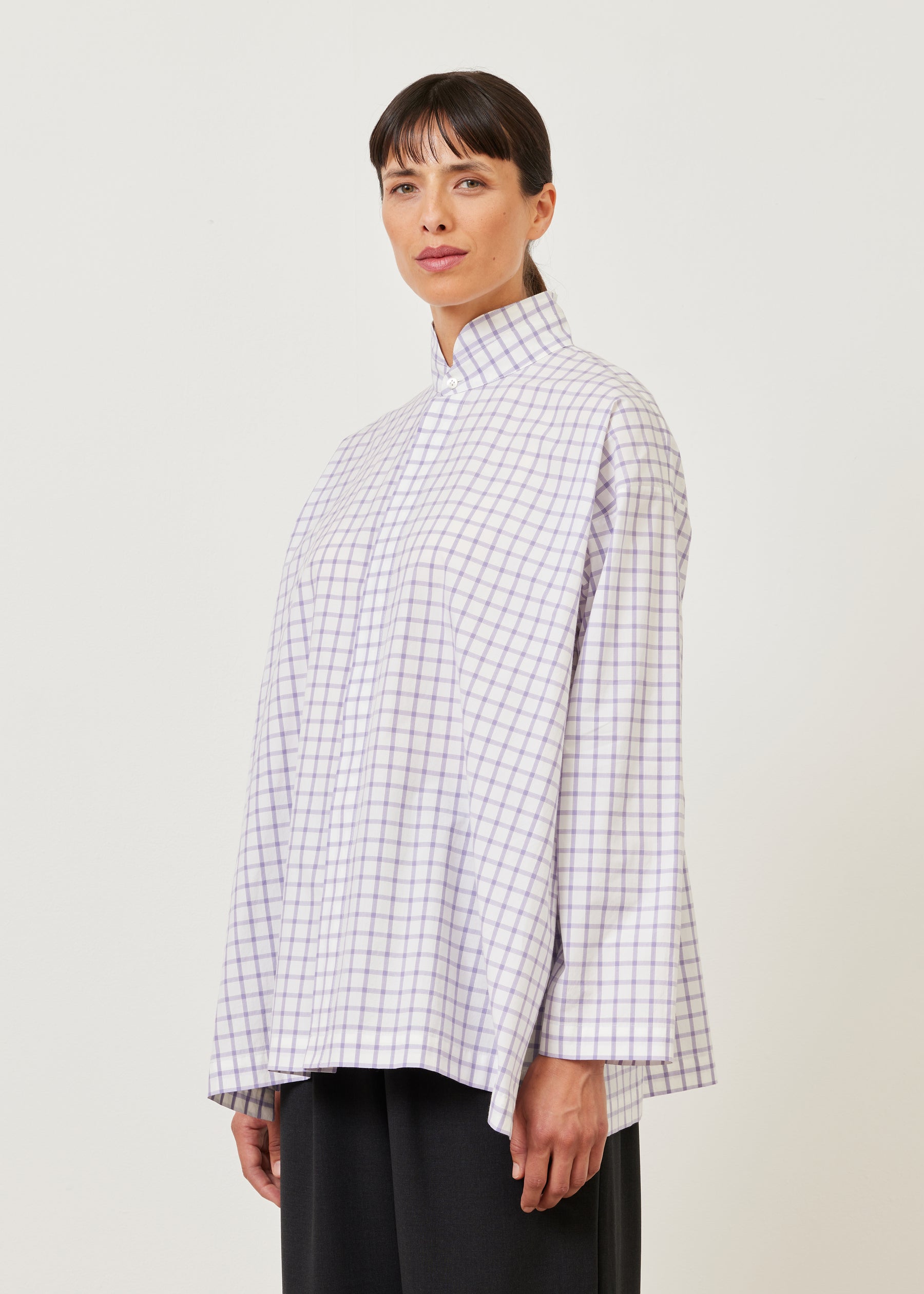 slim A-line shirt with double stand collar and stepped insert - long