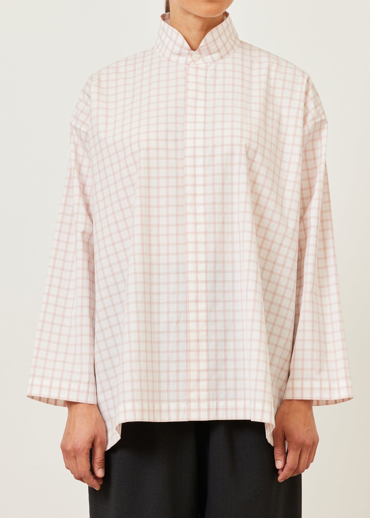 cotton slim a-line shirt with double stand collar and stepped insert - long (rosepowder)