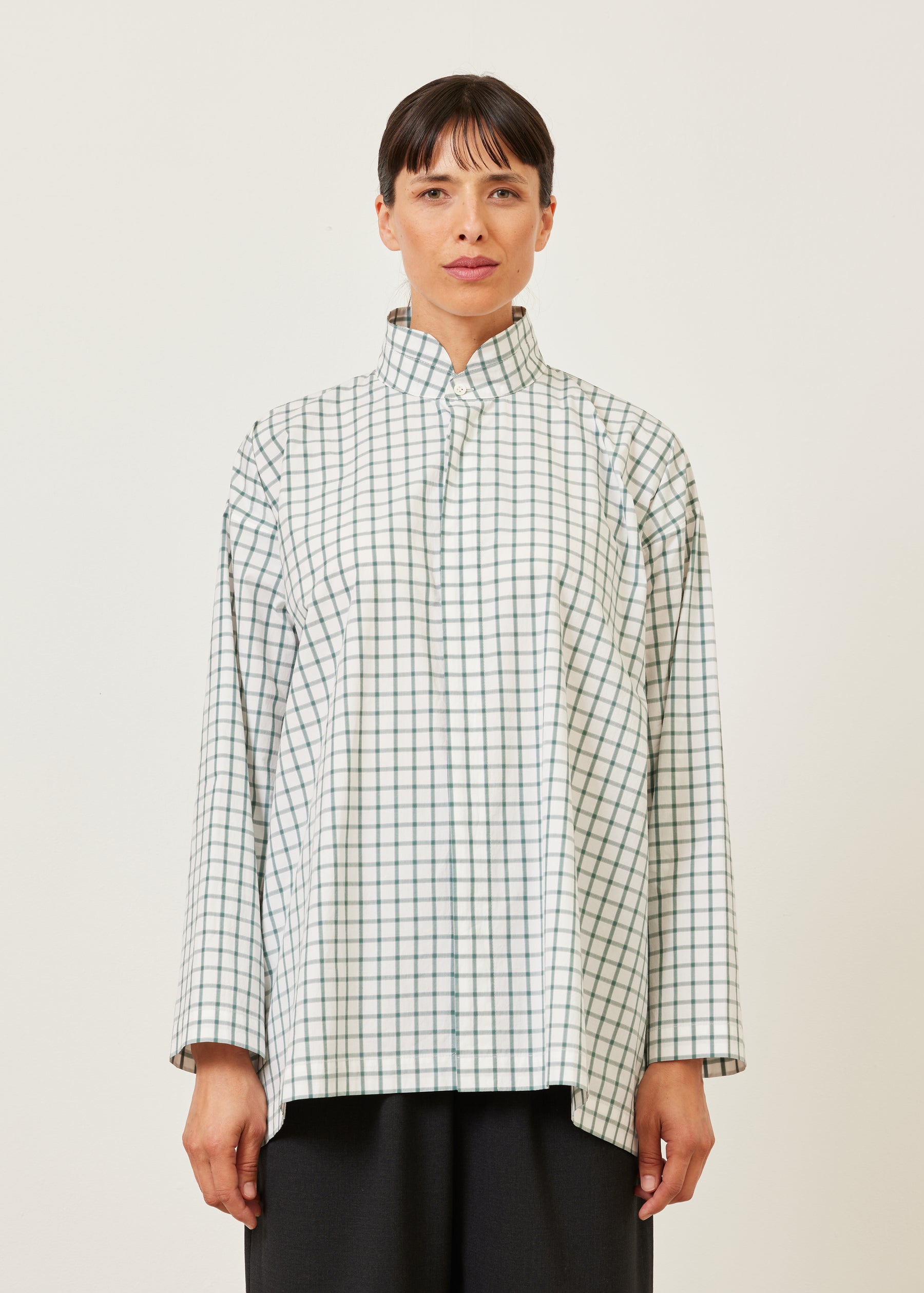 slim A-line shirt with double stand collar and stepped insert - long