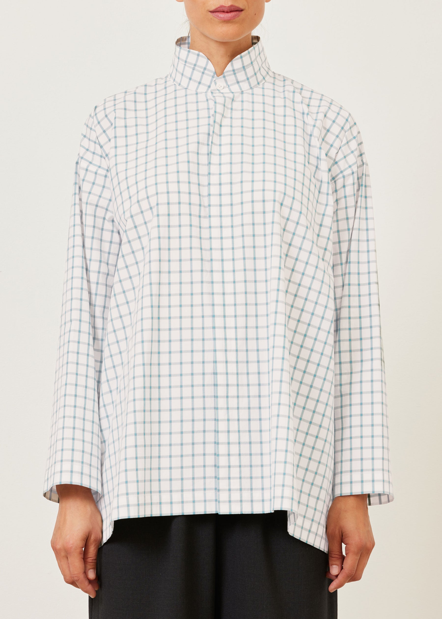 cotton slim a-line shirt with double stand collar and stepped insert - long