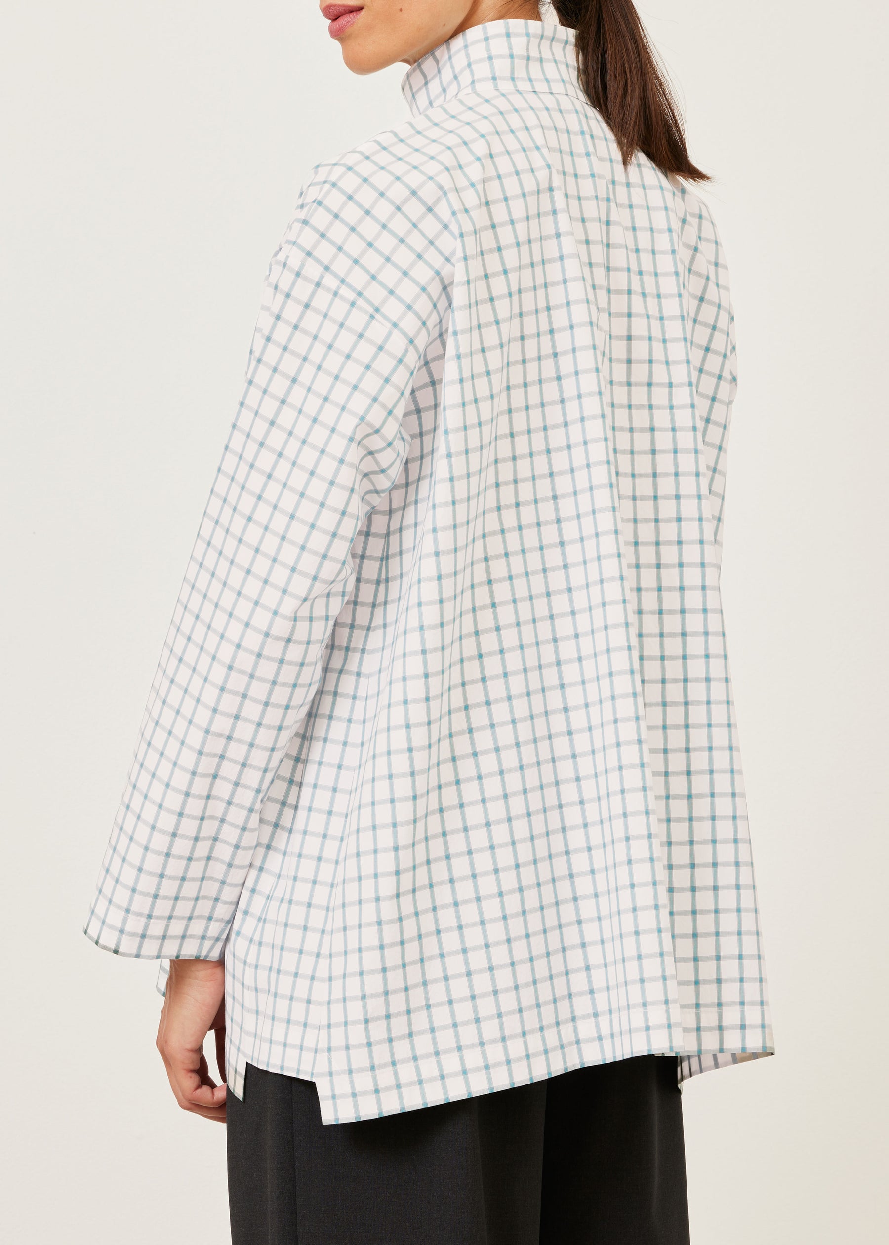 cotton slim a-line shirt with double stand collar and stepped insert - long