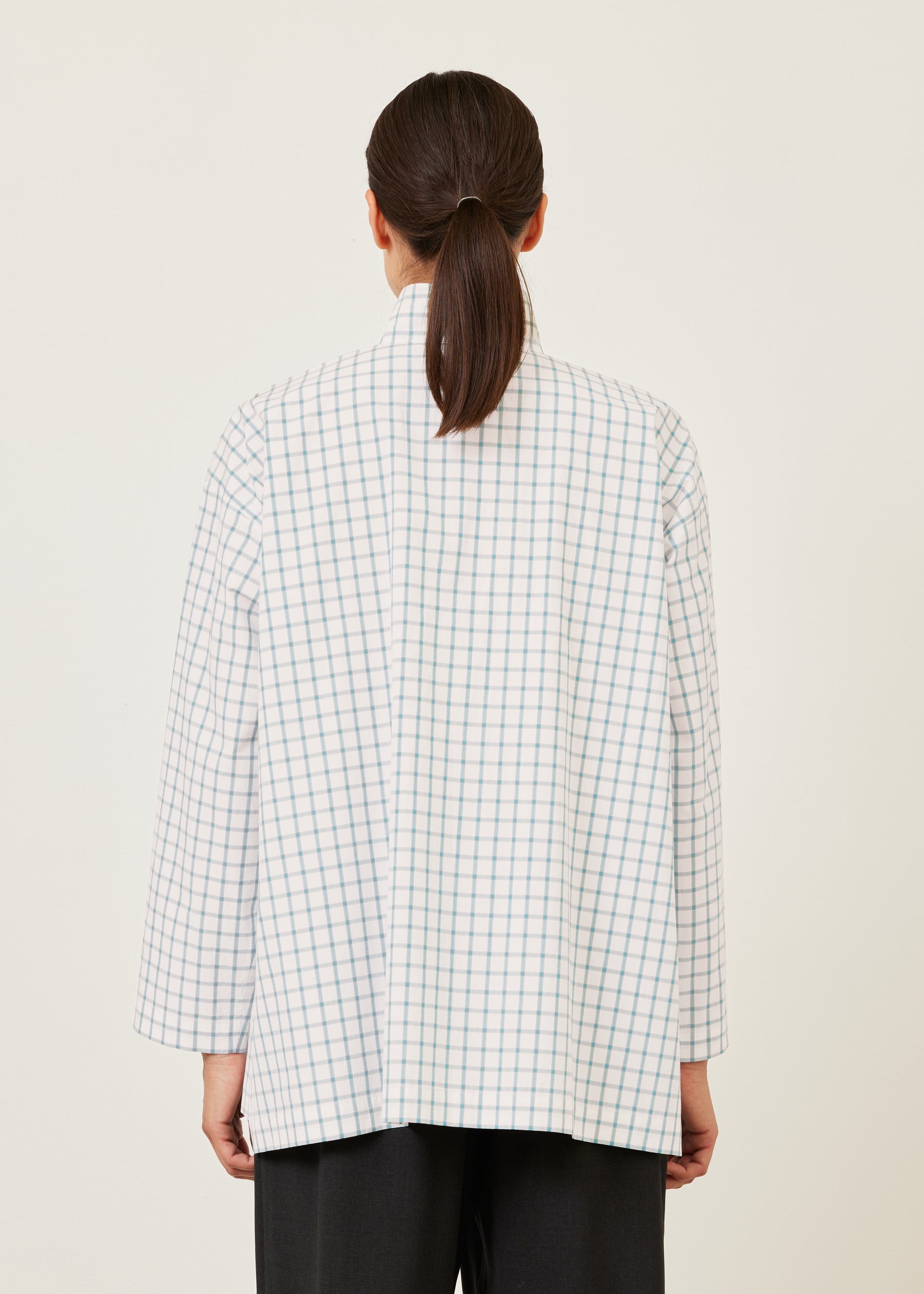 cotton slim a-line shirt with double stand collar and stepped insert - long