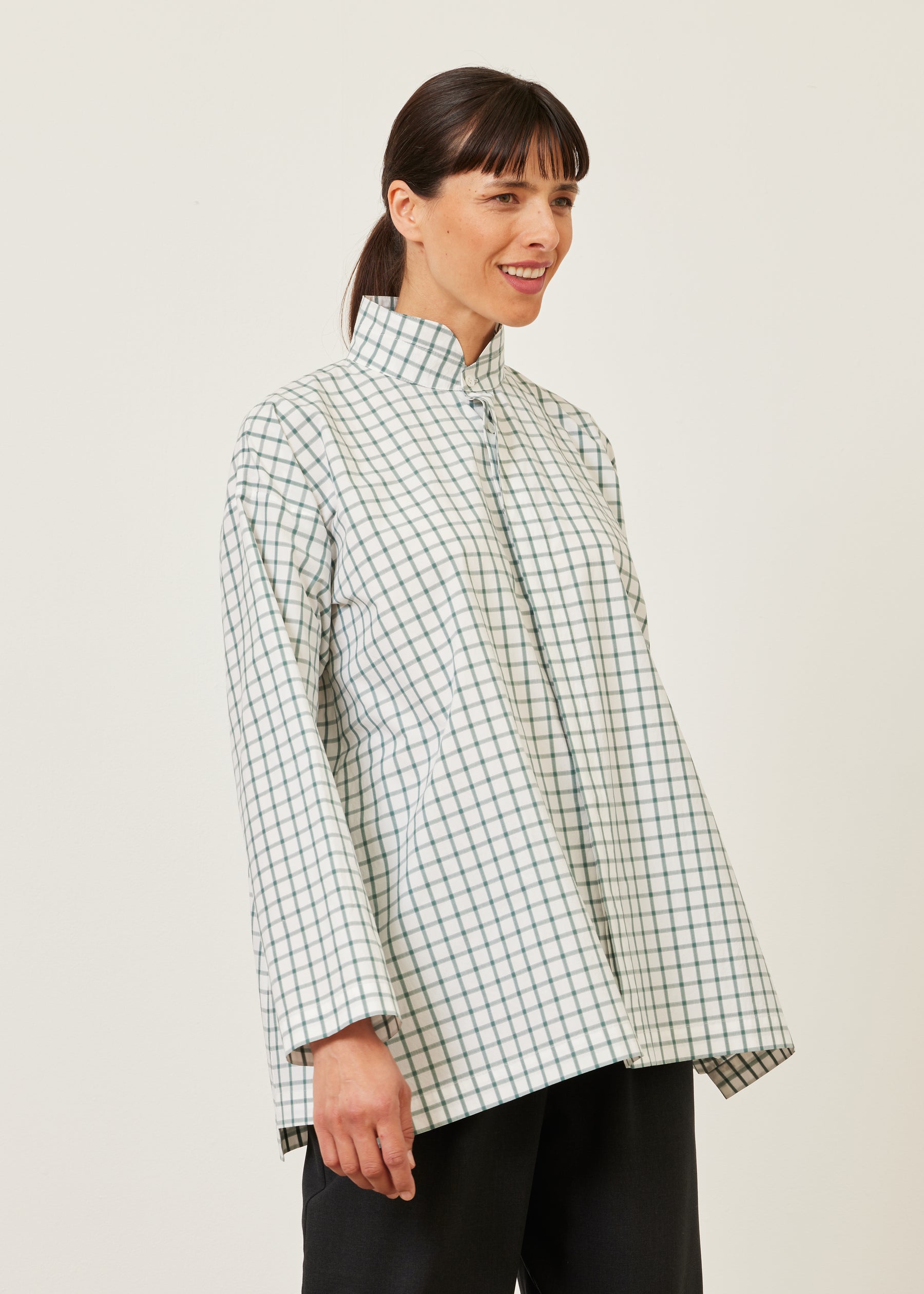 slim A-line shirt with double stand collar and stepped insert - long