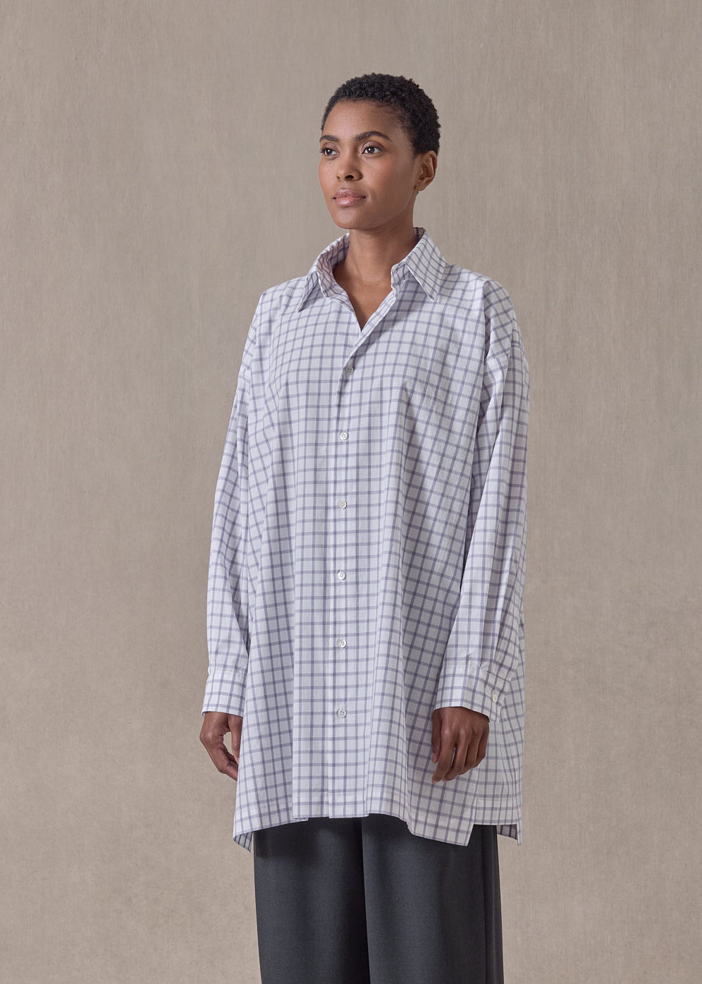 cotton slim a-line shirt with collar and stepped insert - long plus (lavender)