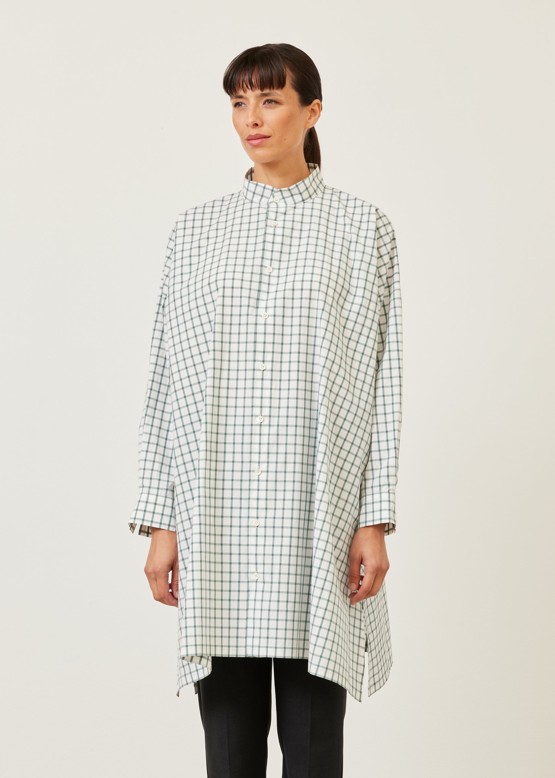 cotton wide a-line collarless shirt - very long with slits