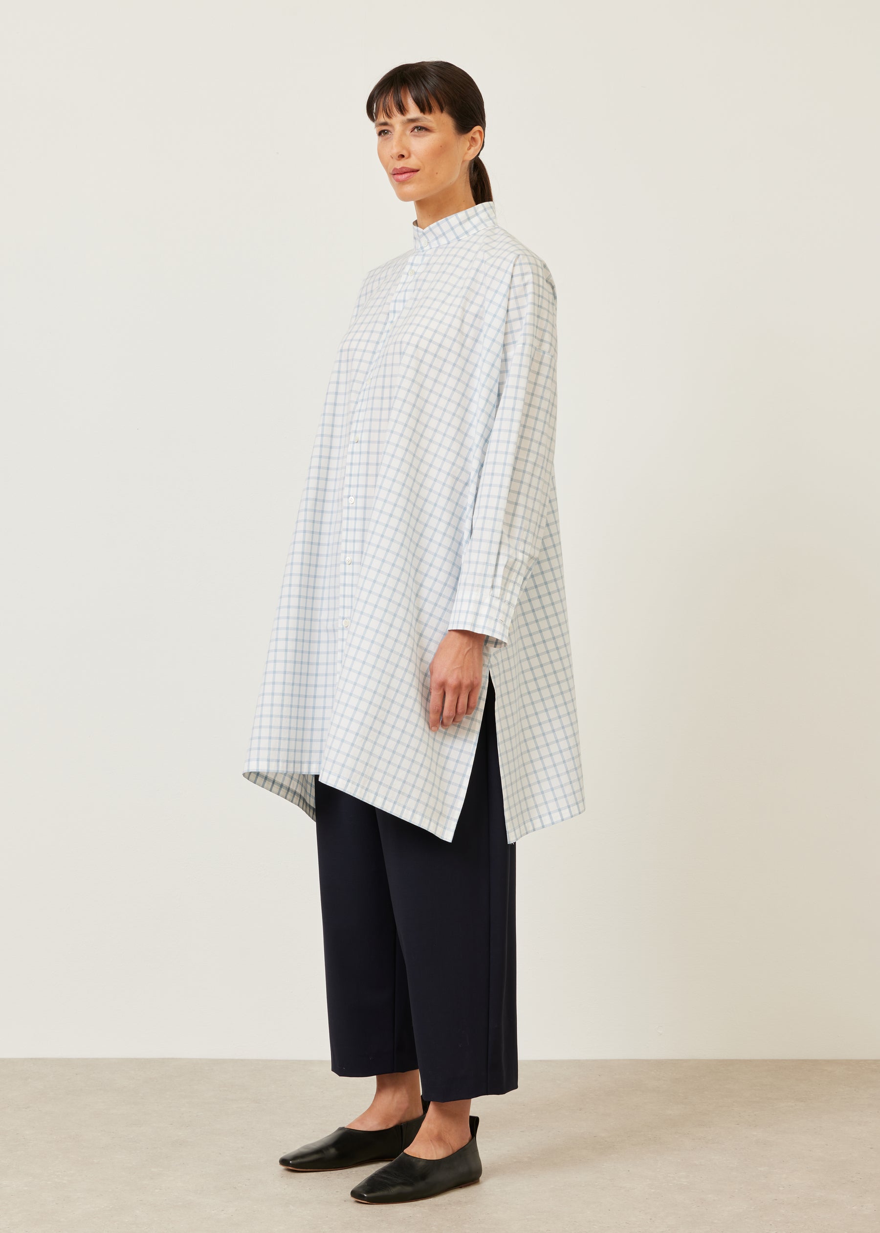 wide A-line collarless shirt - very long with slits